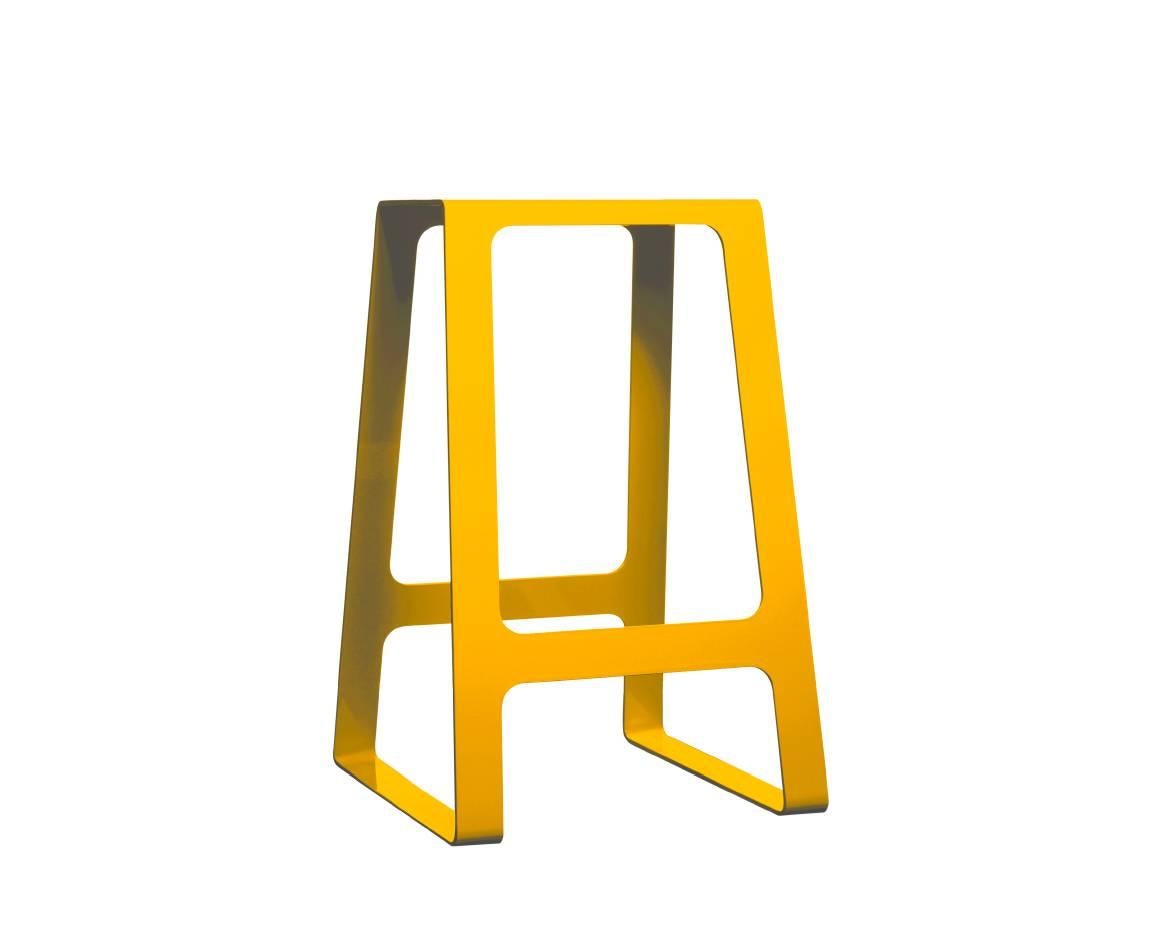 Contemporary A_Stool in counter height stool in powder-coated aluminum. A minimal, backless design in durable powder-coated aluminum. Also available in brushed, sanded, or polished finish. Signed, dated and numbered to the underside with a