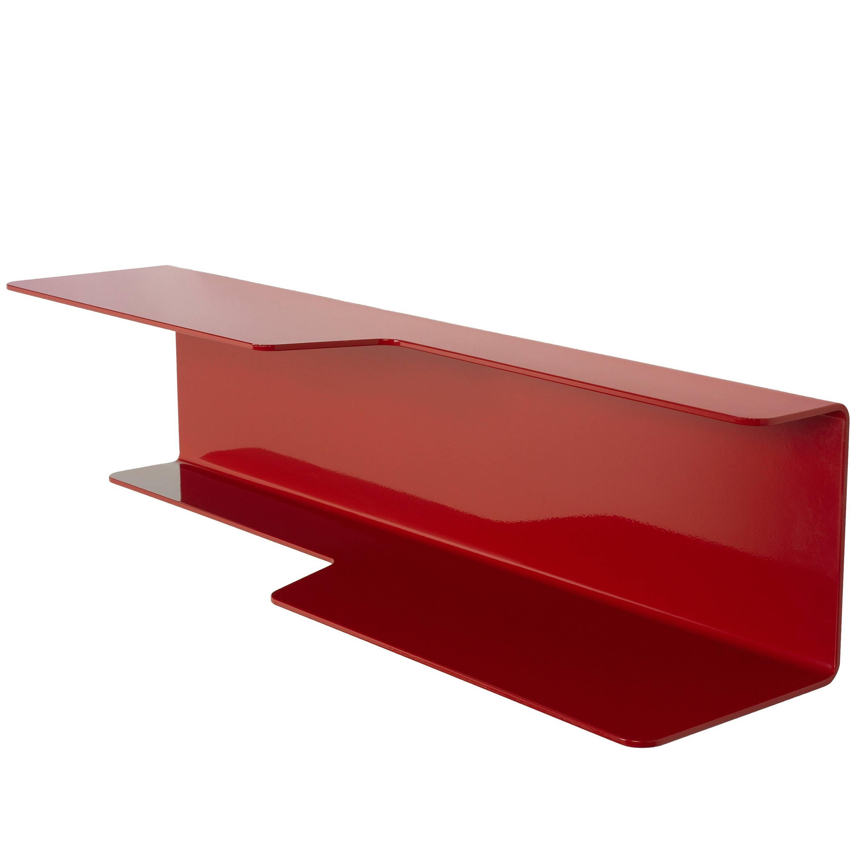 The wall-mounted, tidal shelf is formed out of 1/4 inch thick, powder-coated aluminum. Each shelf has a welded U-channel to the reverse of the shelf and easily mounts on included custom-bent steel Z-clips. The shelf is available in numerous powder