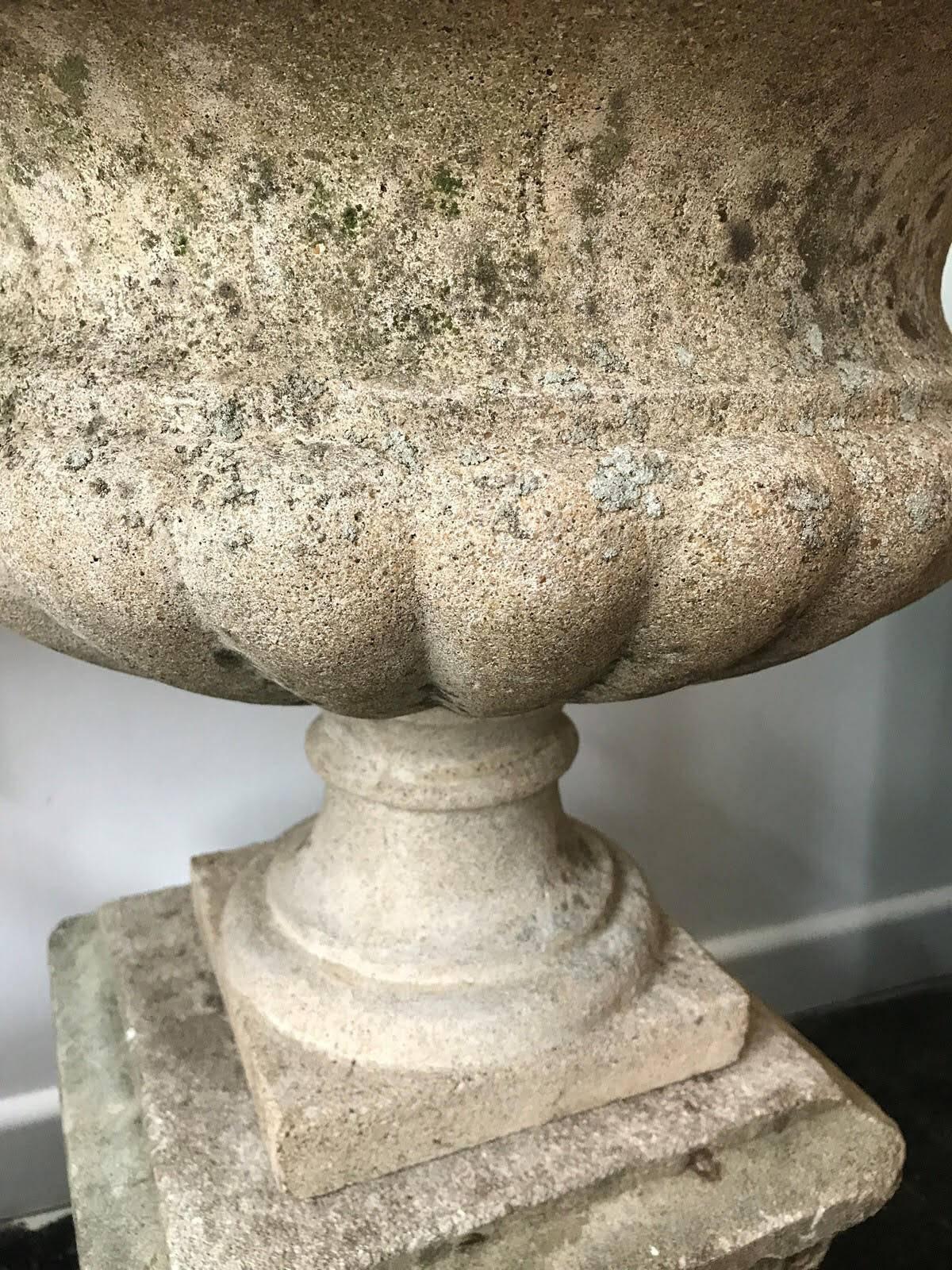 A pair of 20th century reconstituted stone urns on stands.