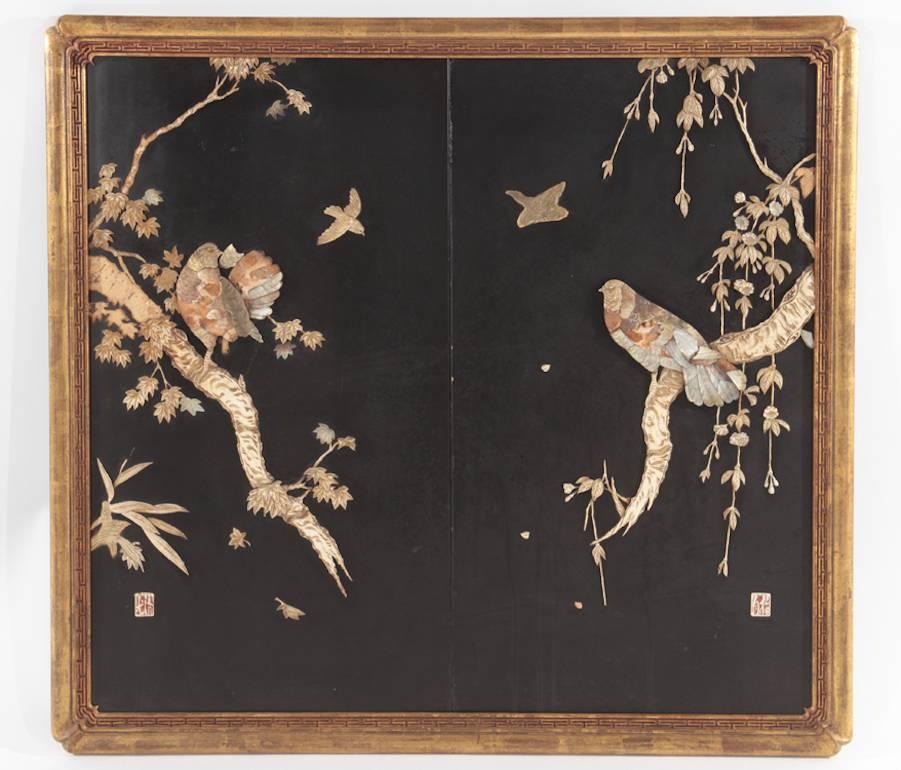 A Japanese lacquered panel with elaborate designs made from inlaid mother-of-pearl, circa 1900. Some small pieces are missing but it really doesn't affect the overall feeling of the design as viewed in the pictures.