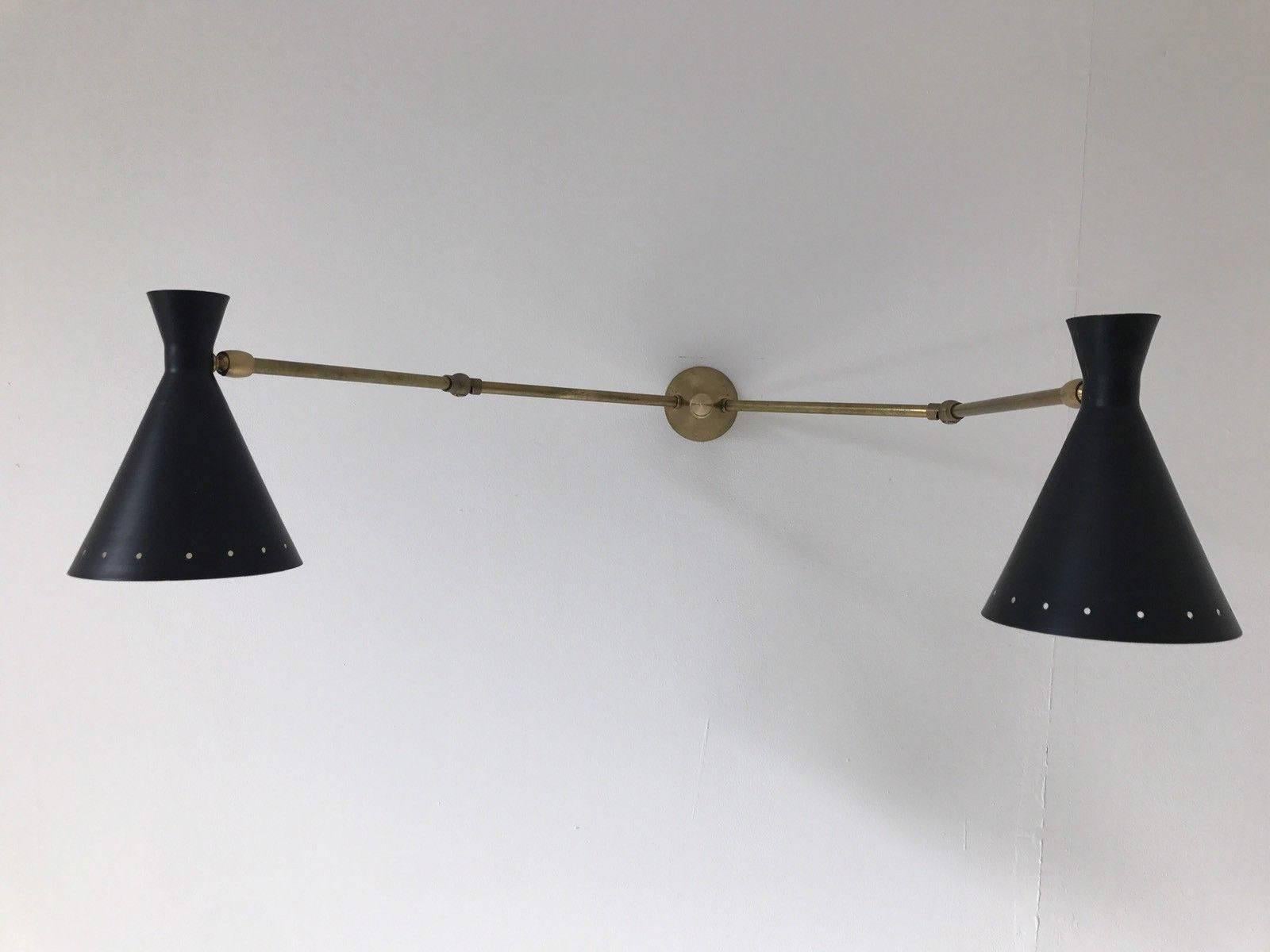 Brass Rare Stilnovo 1950s Italian Double Wall Sconce, in Black and White