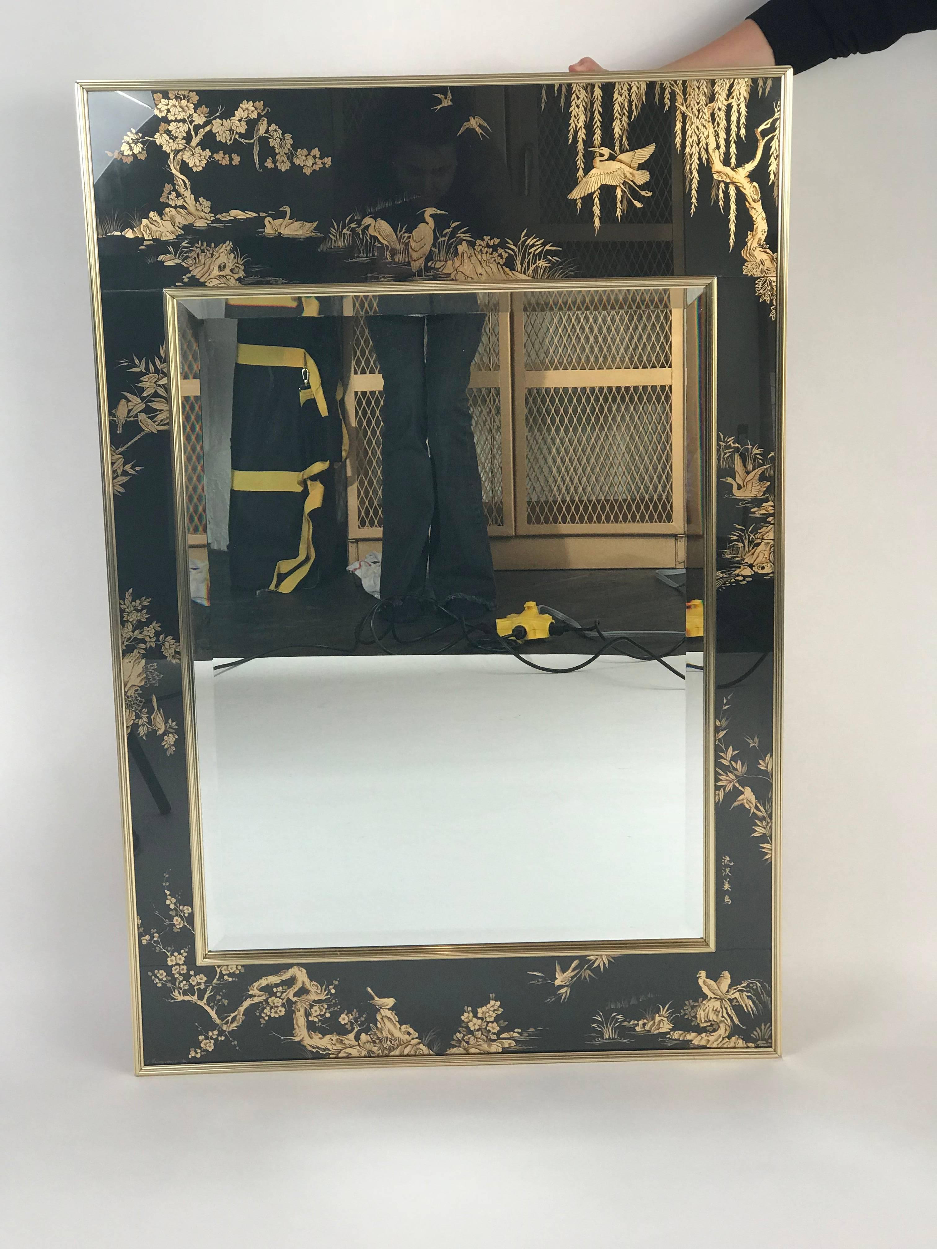 American La Barge Chinoiserie Mirror, Black and Gold Large Size