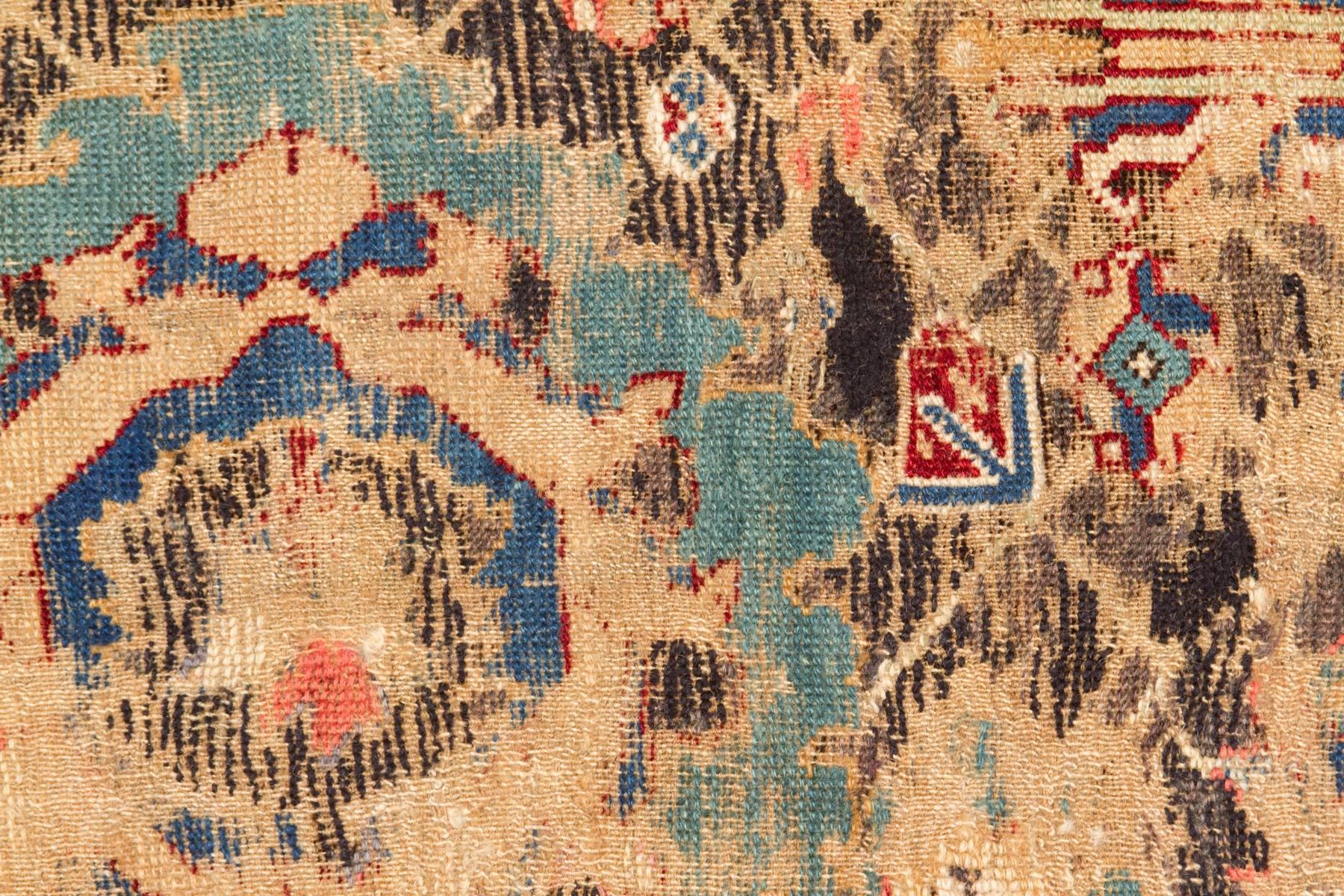 Coming from the 1700's, this is an impressive wool fragment. From the late 17th, early 18th century, this fragment is  made in the Shusha region of the Nagorno-Karabakh in the South Caucuses.  The vibrant red insect dye Lac is common to see used in
