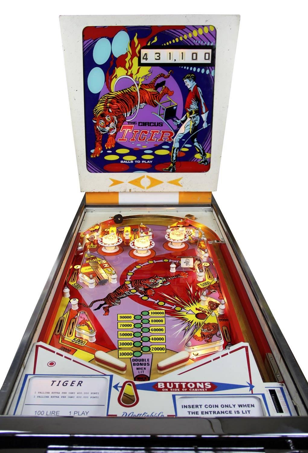 The Cirqus Tiger
Name: The Circus Tiger
Make: Unknown but based on Gottlieb “Tiger”
Date of build: 1975/6
Designer: Ed Krynski
Artwork: Gordon Morison
Number made: Unknown
Origin: Naples
Features: This game is not only rare, no one actually
