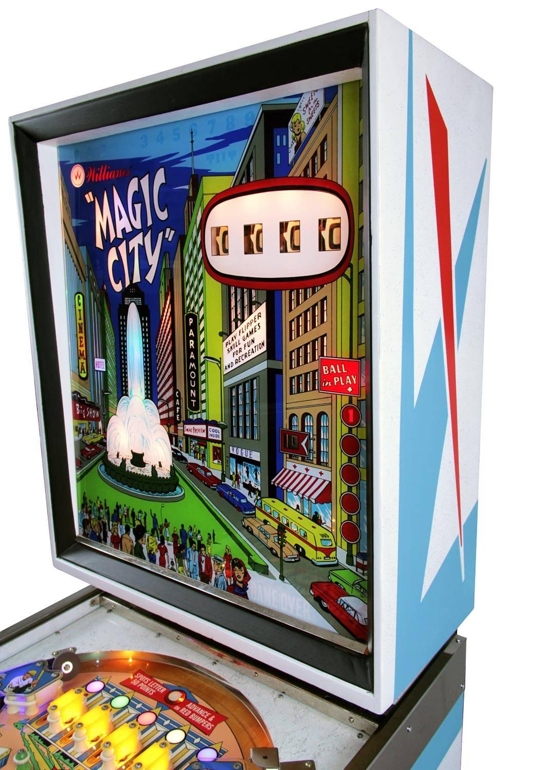 Name: Magic City
Make: Williams
DOB: Jan 1967
Type: Replay
Designer: Norm Clark
Artwork: George Molentin
This game is from our own personal collection. It is a ground up restoration and nothing has been over-looked. We even made a new glass