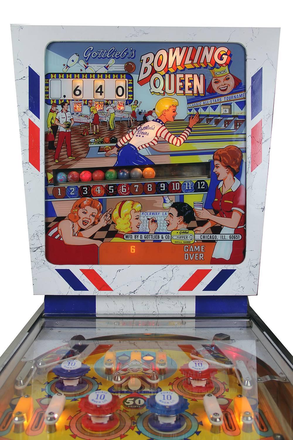 Features: Totally restored classic game from the early 1960s, includes repainted cabinet to exacting original colors and marbling effect, new backglass, 7/10 Original playfield. Mechanically totally restored. New flippers, bumpers, lamp holders,