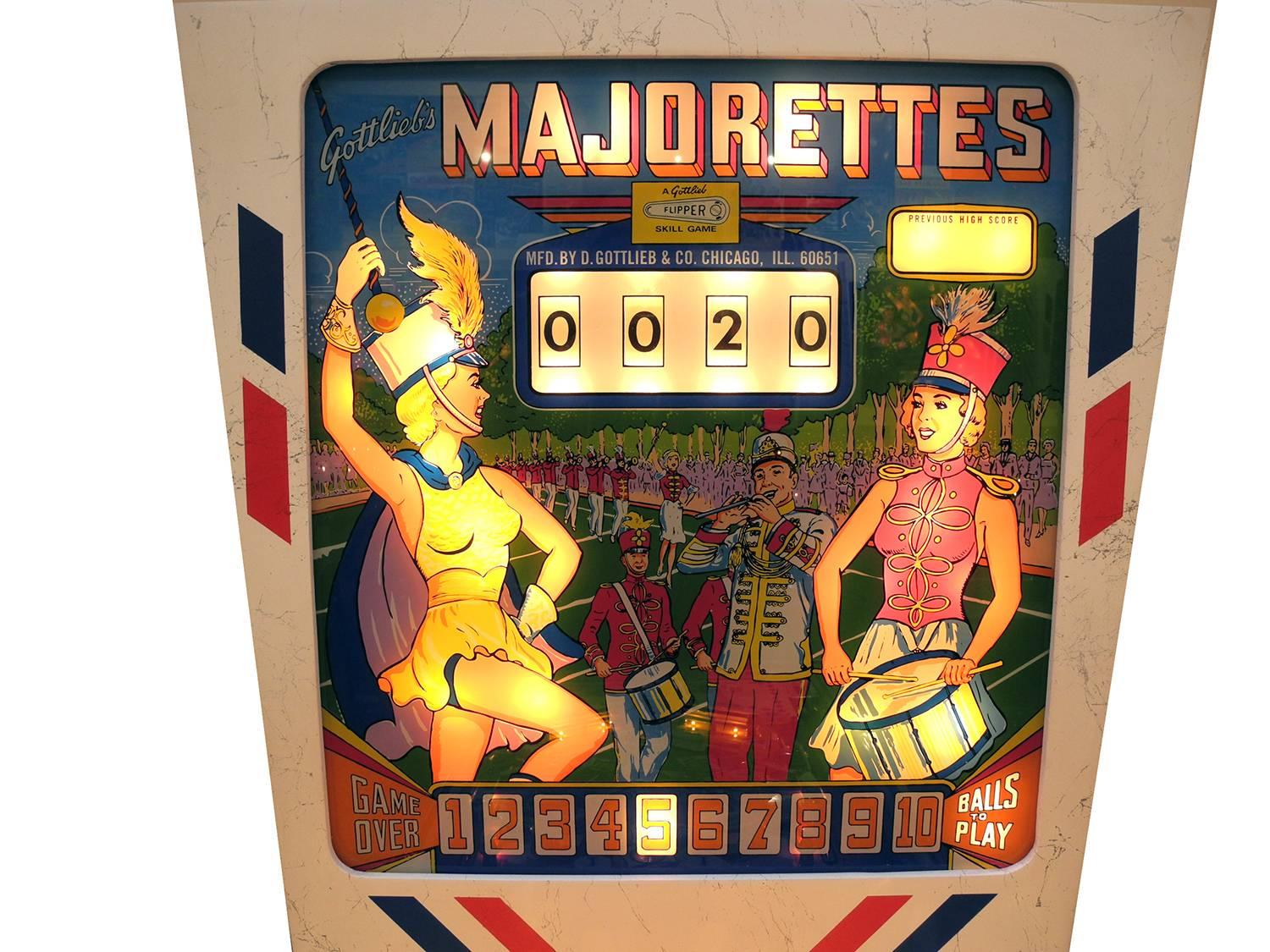 Name:Majorettes
Make: Gottlieb 
Date of release: August 1964
Designer: Wayne Neyens
Artwork: Roy Parker
Numbers made: 425 units
Model number 204
Serial number: 08254
Labour: in excess of 200 hours
Period of restoration: January – December