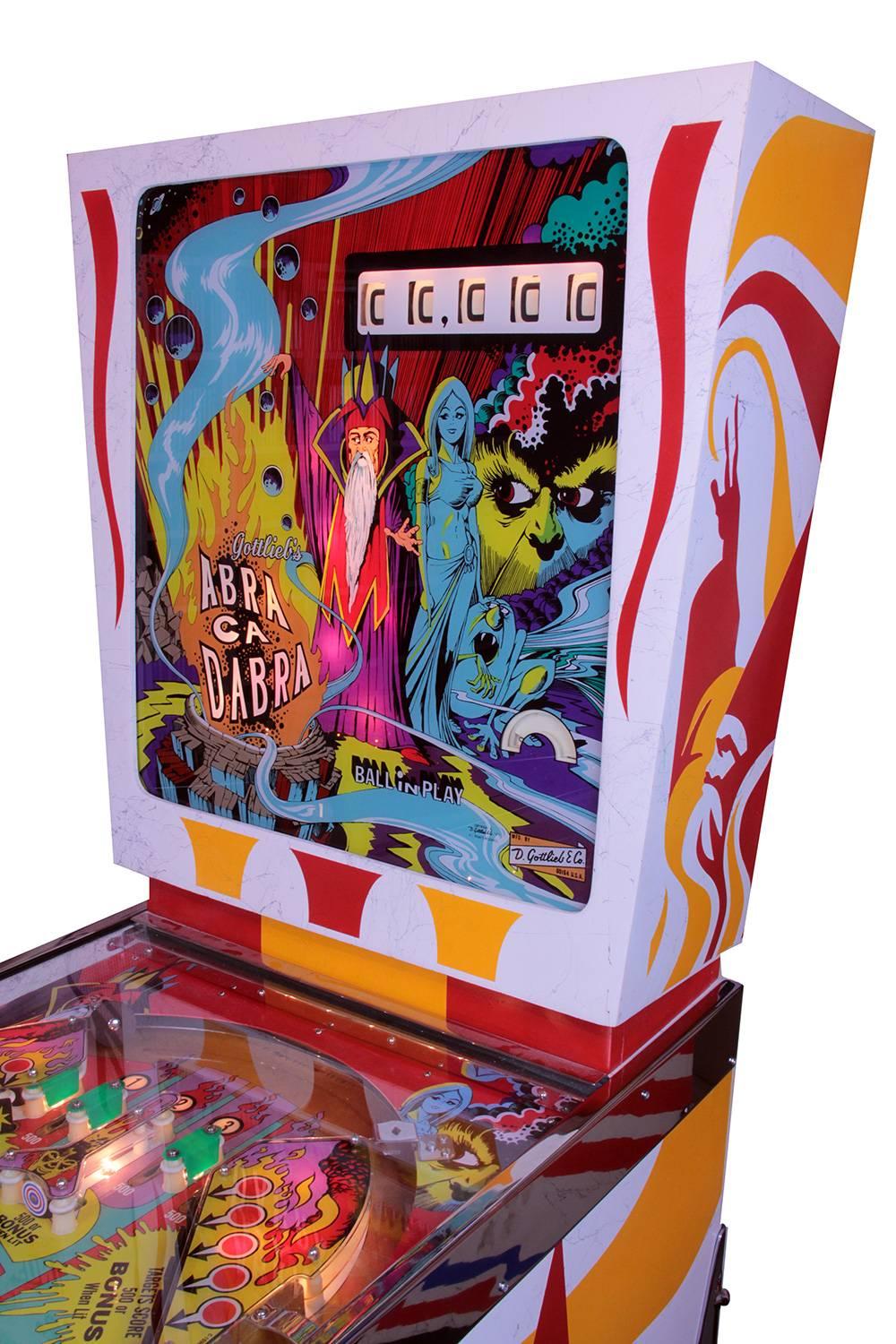 This game took 13 months to restore and was a complete wreck. It has a fully refurbished cabinet painted to original colours and pattern, a new reproduction back glass on glass a totally hand repainted play field which has been lacquered at least a