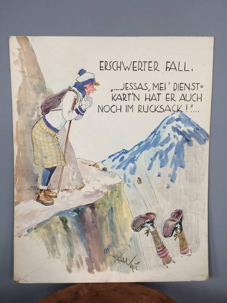 Unique and very rare signed original caricature by Prof. Emil Hübl from 1922.
Prof. Emil Huebl (1890-1969) was a famous Austrian painter, illustrator, photographer and student of Ludwig Koch. He also collaborated several times with the studio Hans