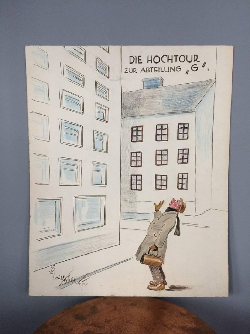 Unique and very rare signed original caricature by Prof. Emil Hübl from 1922.
Prof. Emil Huebl (1890-1969) was a famous Austrian painter, illustrator, photographer and student of Ludwig Koch. He also collaborated several times with the studio Hans