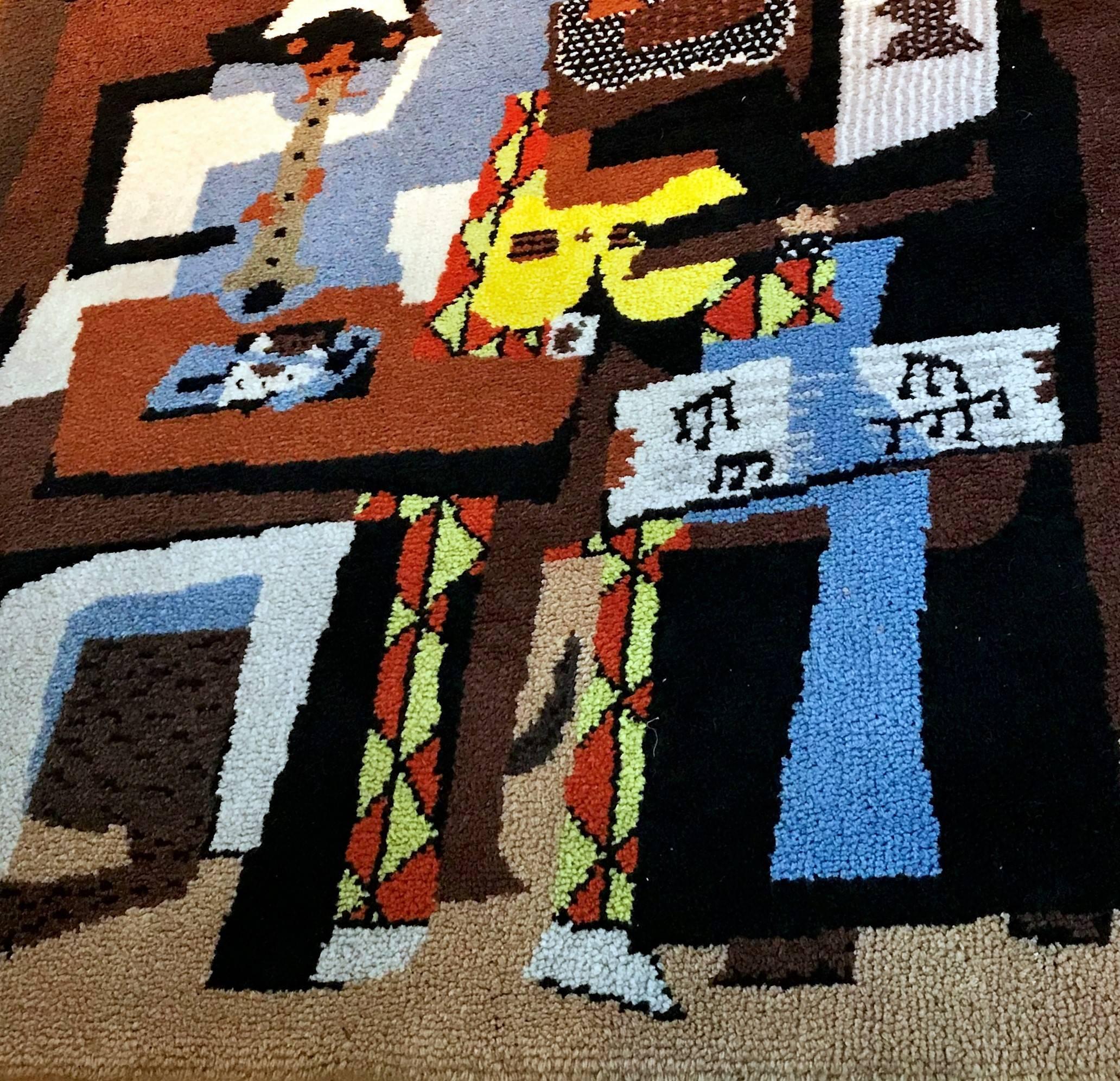 Vintage Austrian fine wool carpet handmade in late 1970s in Tyrol/Austria.
It was hanging on the wall since its creation. 
It can be also used as a floor carpet.
The creator was inspired by 20th century genius Pablo Picasso and his masterpice 
