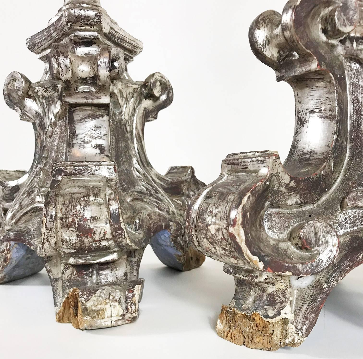 Hand-Carved Baroque Silver Giltwood Candlesticks, 17th Century Italy 2