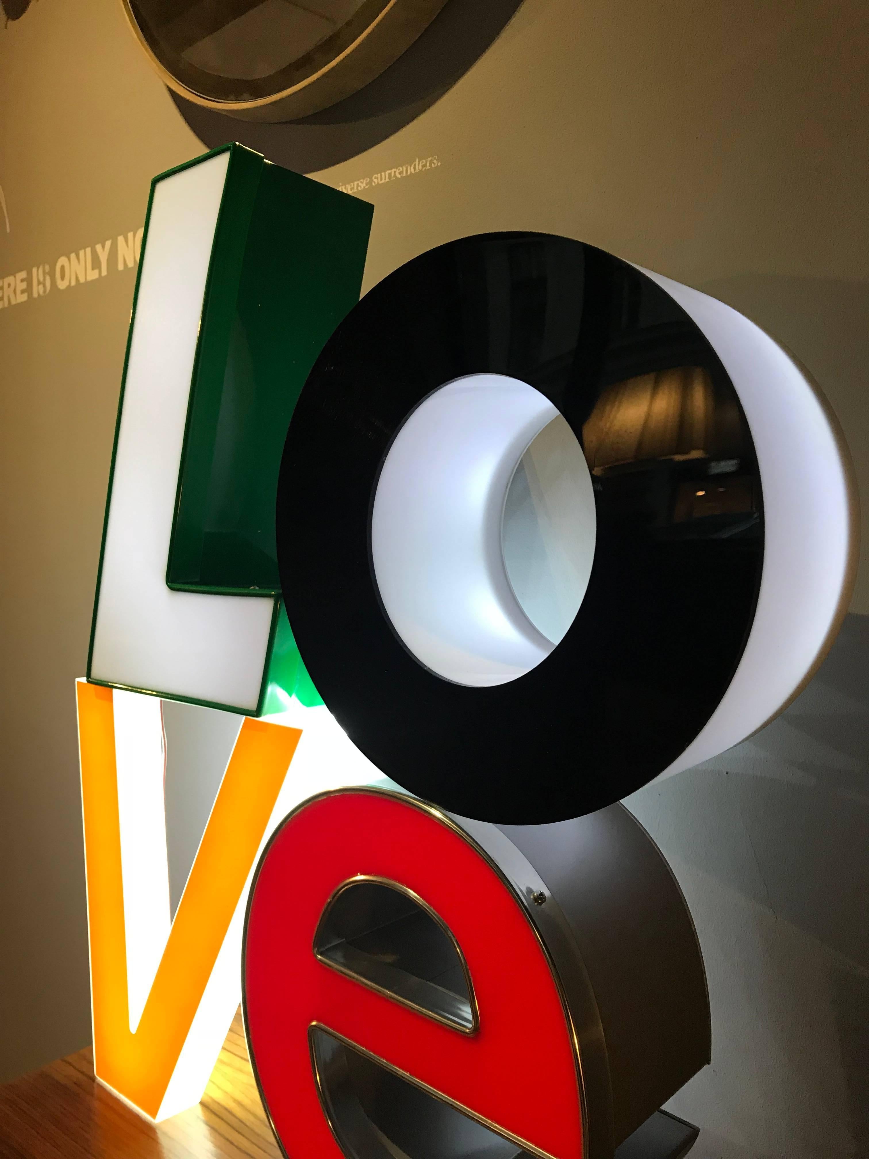 Metalwork 3D LOVE Lighting Sign in Style of Robert Indiana, Arty Letter Sculpture