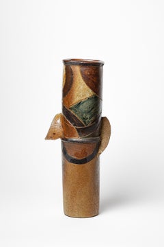 Glazed stoneware tubular vase by Martine Rouillard, circa 1980-1990.