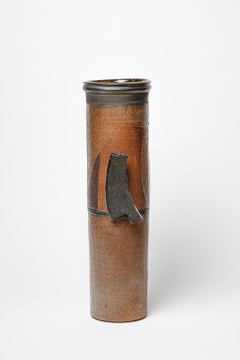 Glazed stoneware tubular vase by Martine Rouillard, circa 1980-1990.