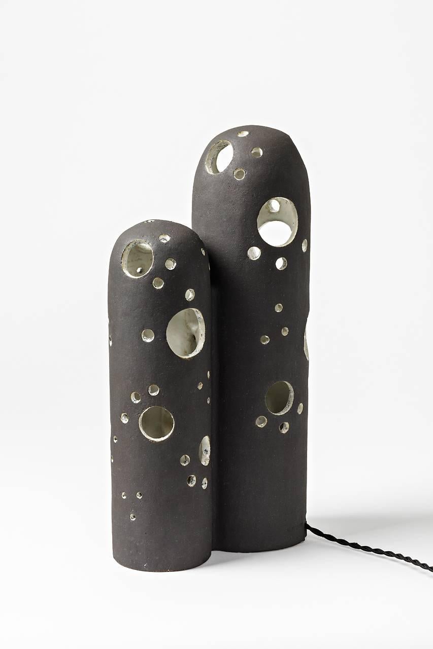 Turned Ceramic Lamp by Hervé Taquet with Black Glaze Decoration
