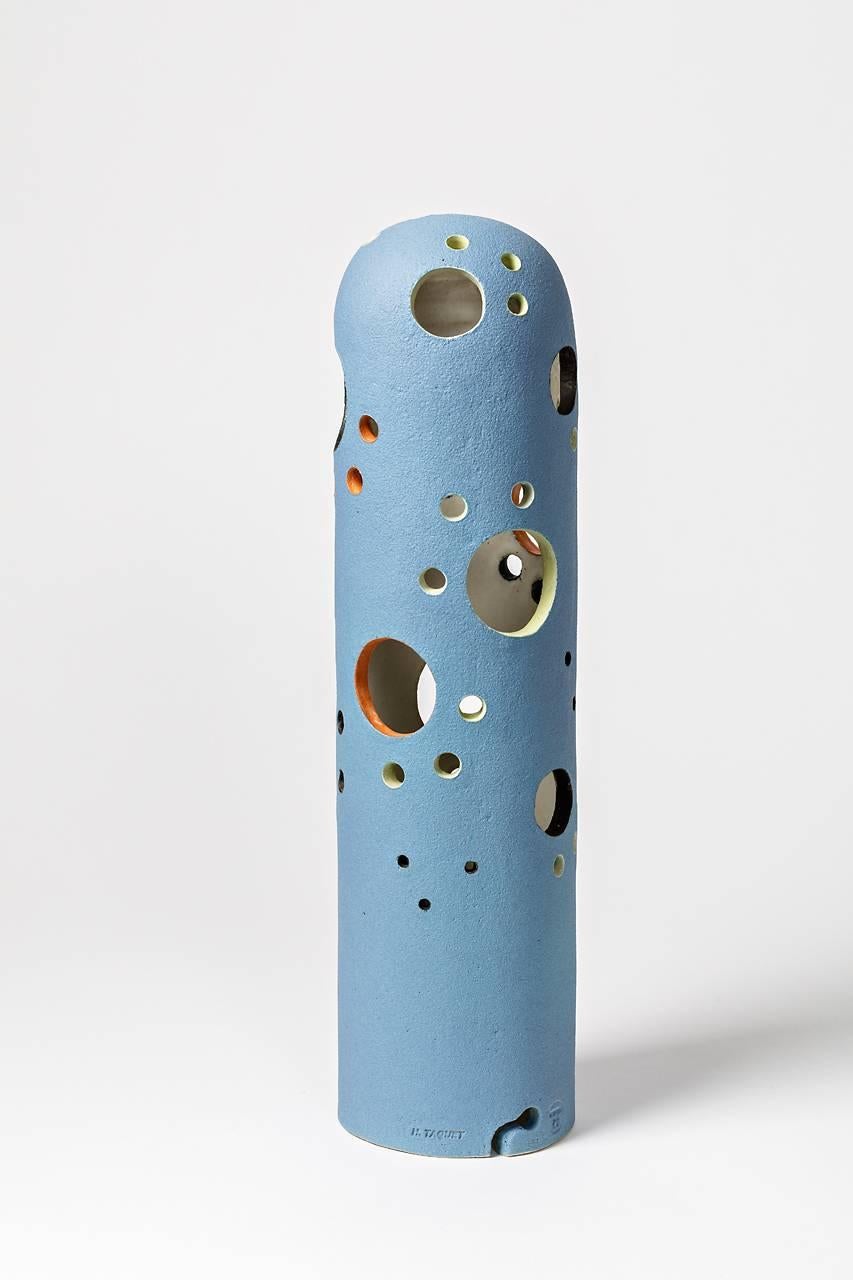 Beaux Arts Ceramic Lamp by Hervé Taquet with a Blue Glaze