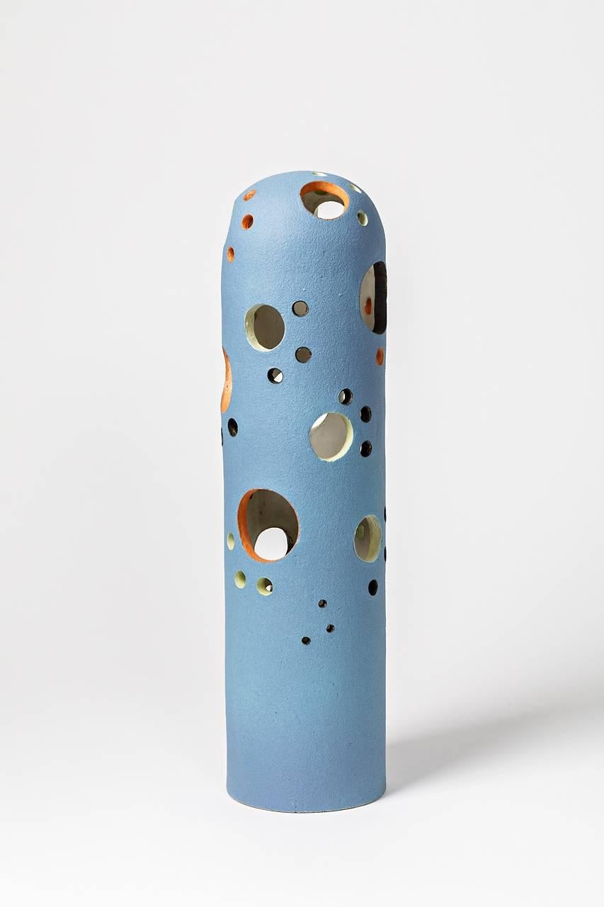 French Ceramic Lamp by Hervé Taquet with a Blue Glaze