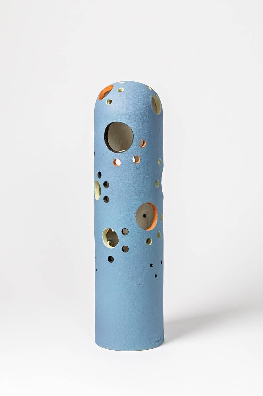 Turned Ceramic Lamp by Hervé Taquet with a Blue Glaze