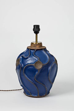 Ceramic Lamp by Hervé Taquet with Dark Blue Glaze Decoration