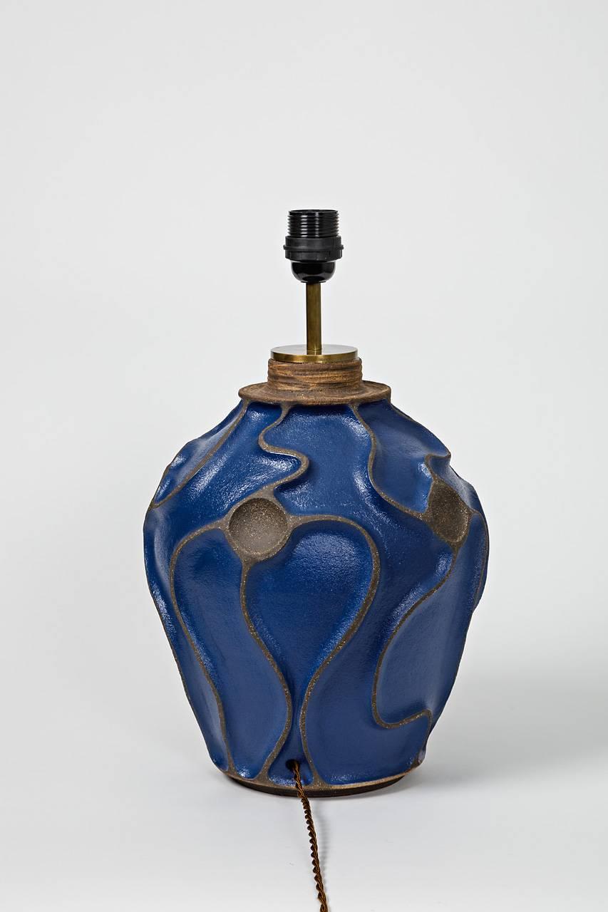 Beaux Arts Ceramic Lamp by Hervé Taquet with Dark Blue Glaze Decoration