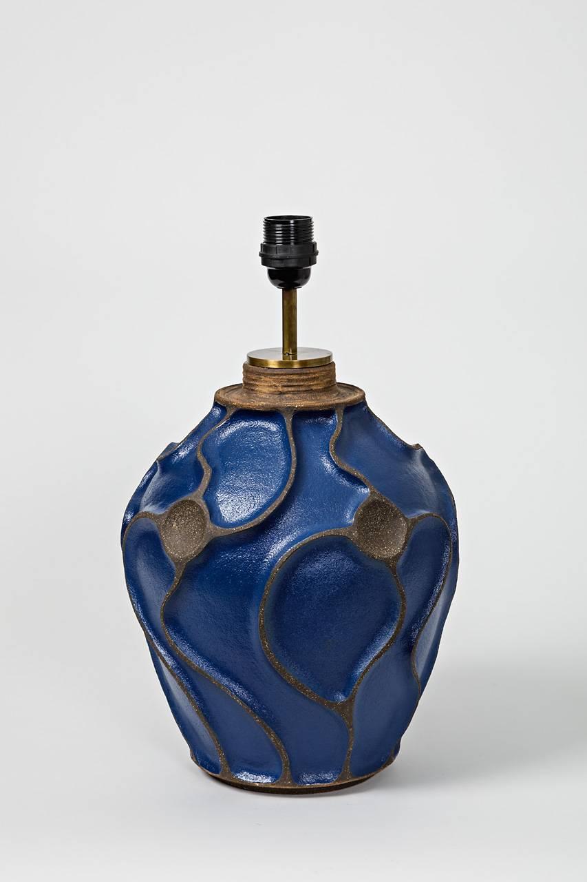 French Ceramic Lamp by Hervé Taquet with Dark Blue Glaze Decoration