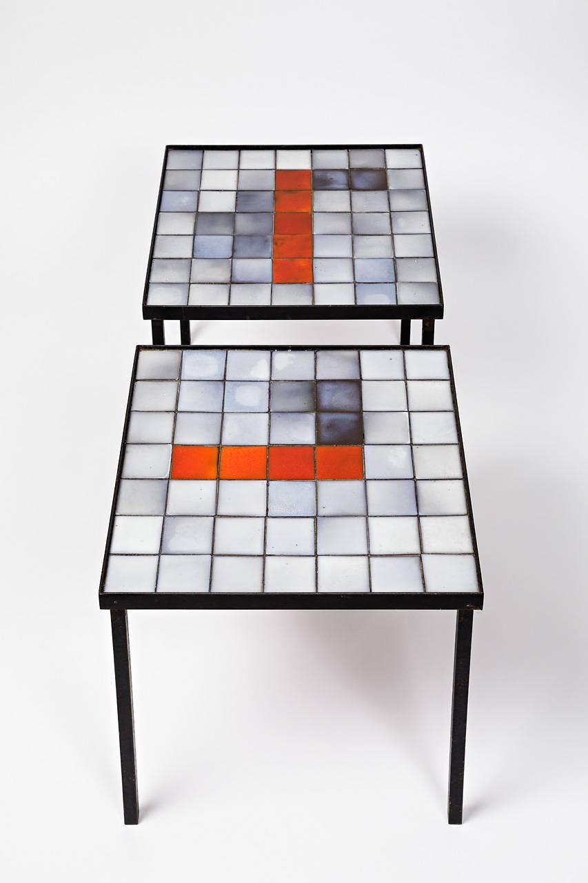 Beaux Arts Rare Pair of Tables by Mado Jolain with Top of Ceramic, circa 1960-1970