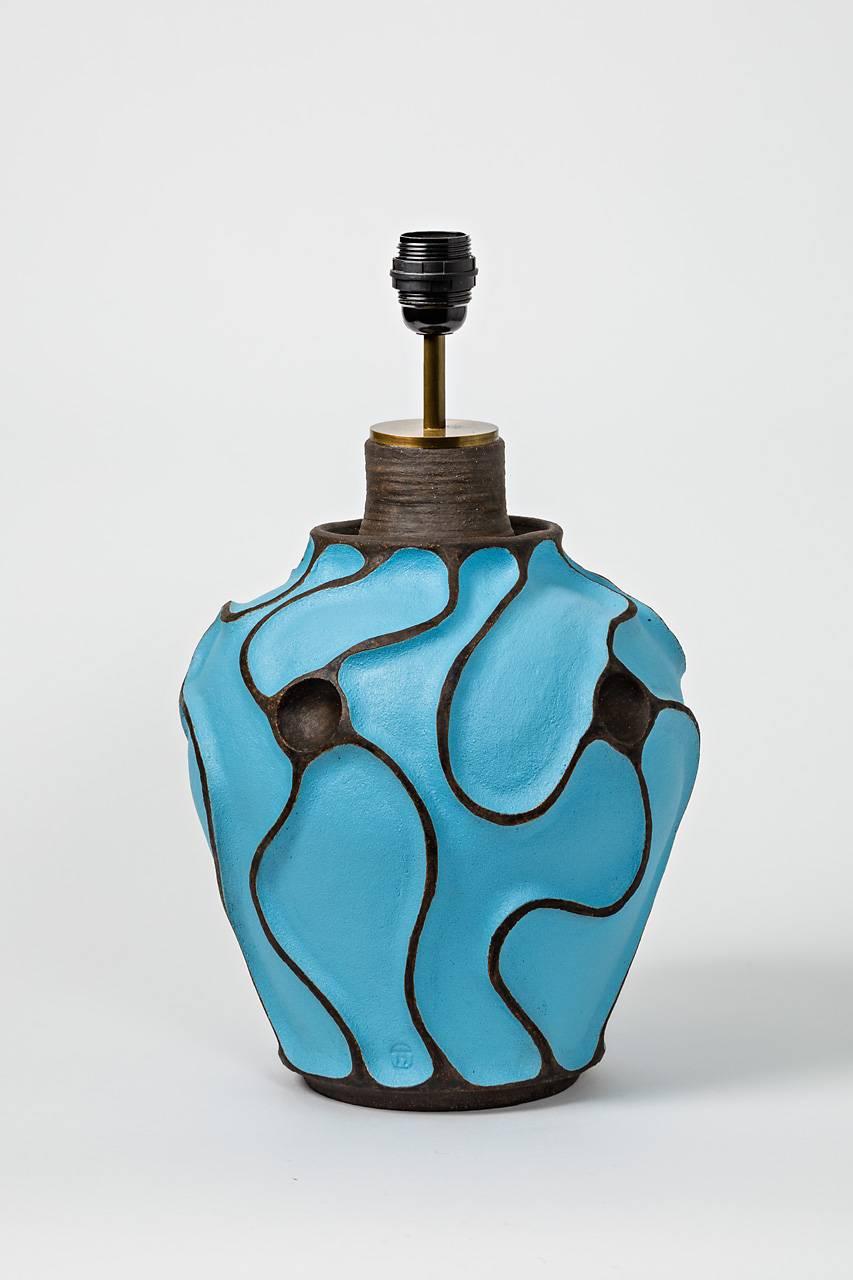 Beaux Arts Ceramic Lamp with a Blue Turquoise Glaze by Hervé Taquet, circa 2017 For Sale