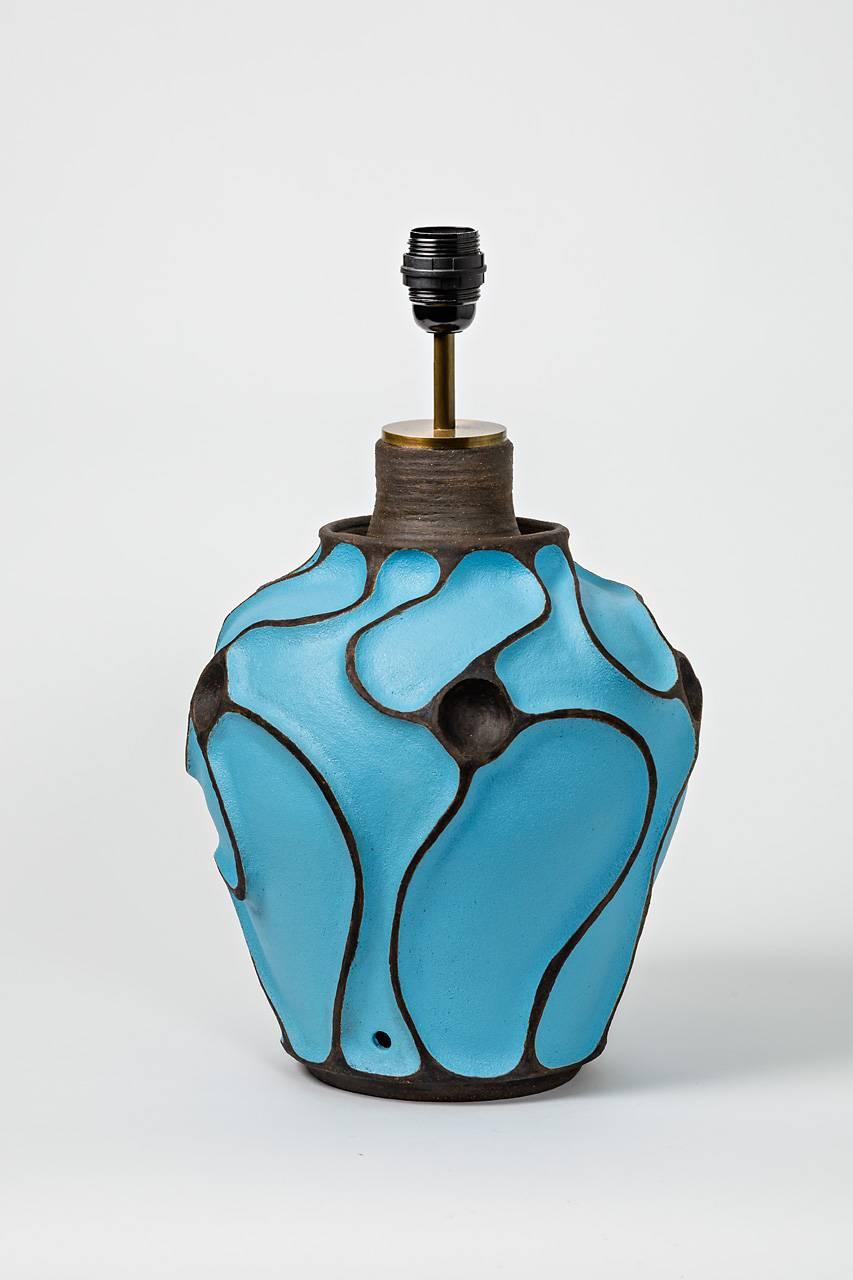 French Ceramic Lamp with a Blue Turquoise Glaze by Hervé Taquet, circa 2017 For Sale