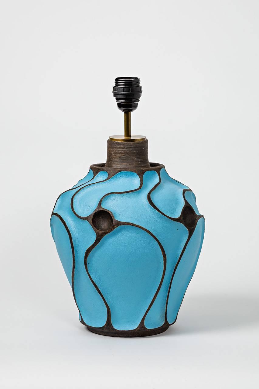 Ceramic Lamp with a Blue Turquoise Glaze by Hervé Taquet, circa 2017 In Excellent Condition For Sale In Saint-Ouen, FR