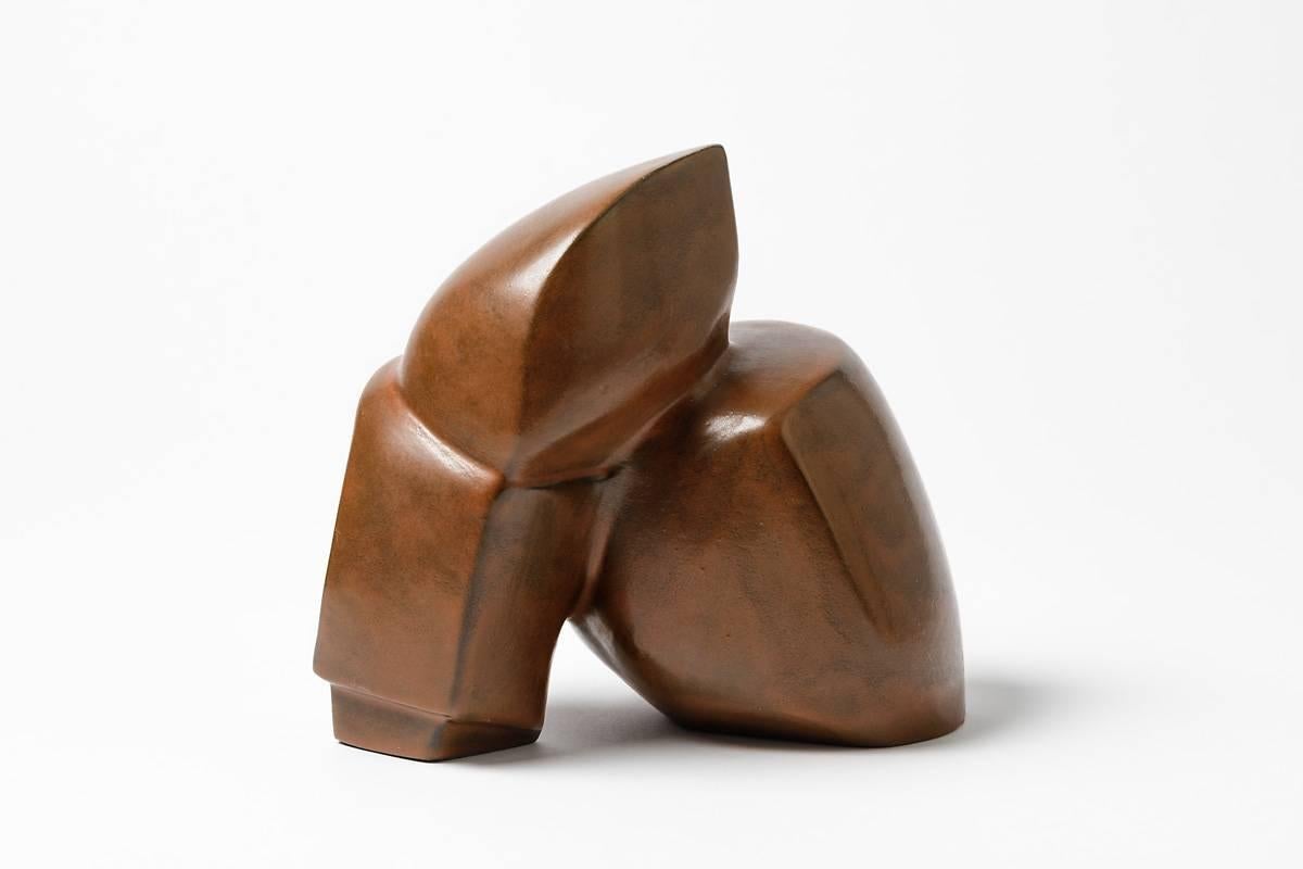 A geometrical ceramic sculpture by Michel Lanos with brown engobe.
Perfect original conditions.
Signed under the base Lanos,
circa 1970-1980.