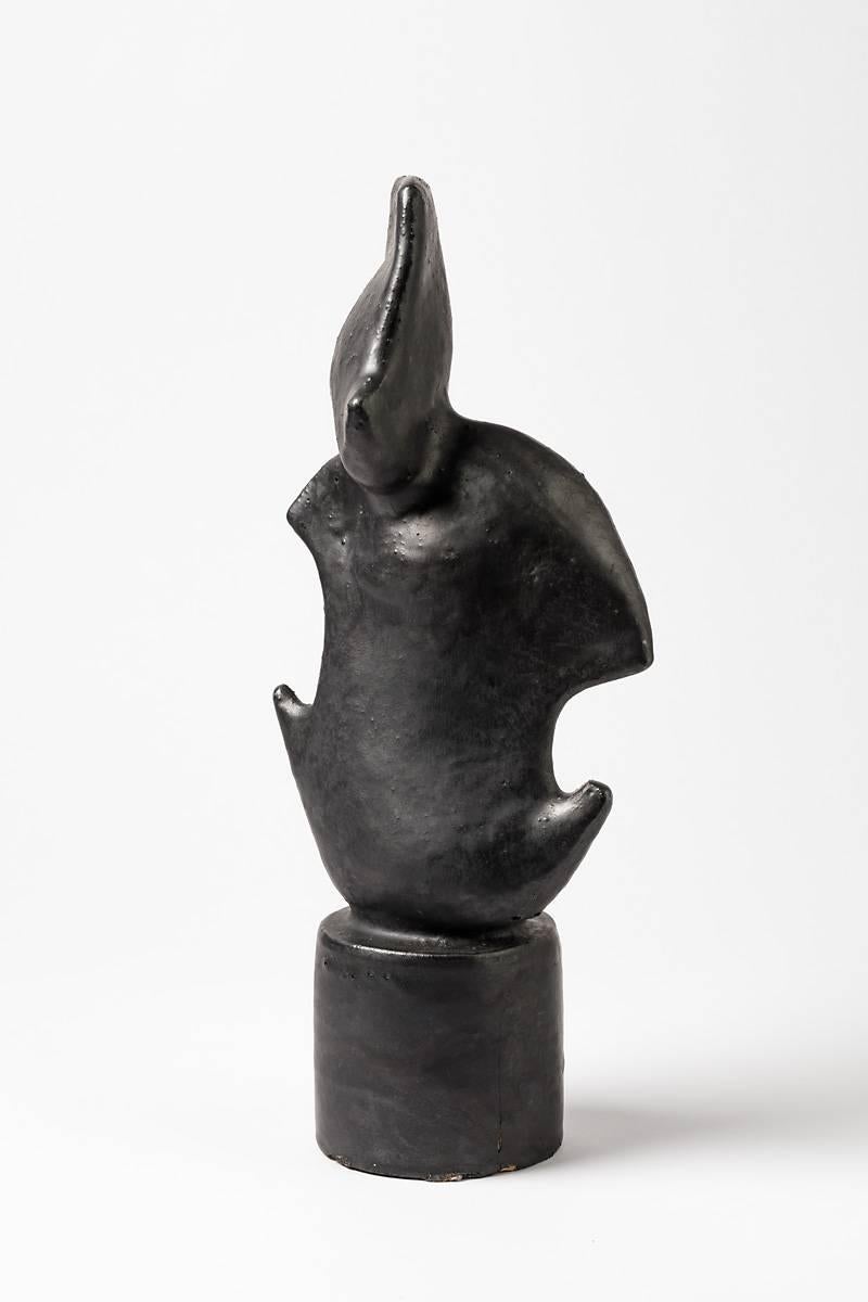 French Ceramic Sculpture with Black Glaze by Michel Lanos, 1980-1990