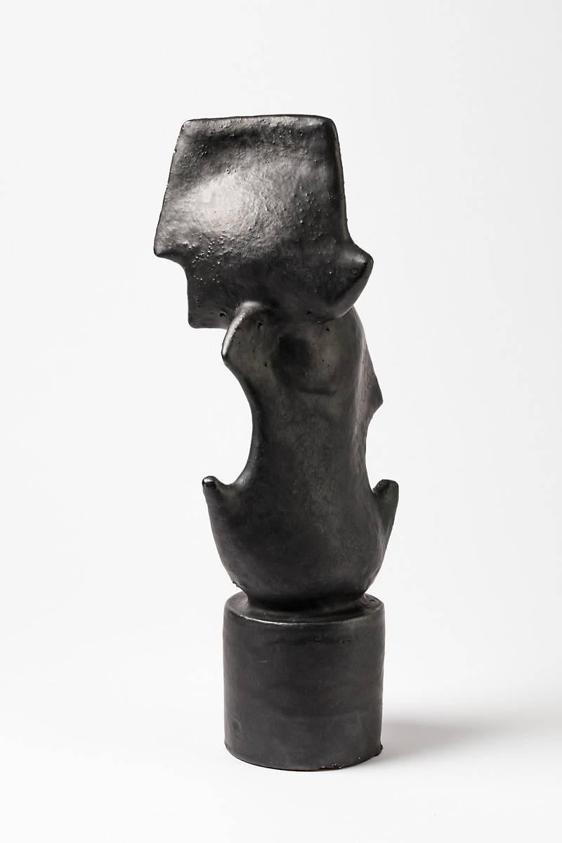 Ceramic Sculpture with Black Glaze by Michel Lanos, 1980-1990 In Excellent Condition In Saint-Ouen, FR