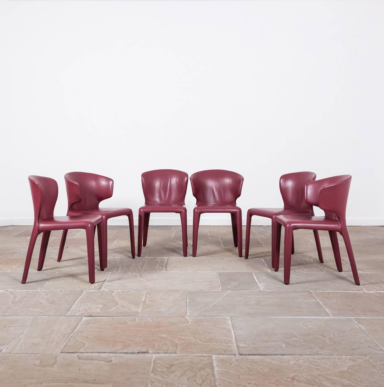 Set of six leather Hola chairs by Hannes Wettstein for Cassina.

Three of the chairs are the 367 chair without arms and three are the 369 chair with arms.

Each chair measures 79cm high, 46cm wide, 55cm deep and the seat height is