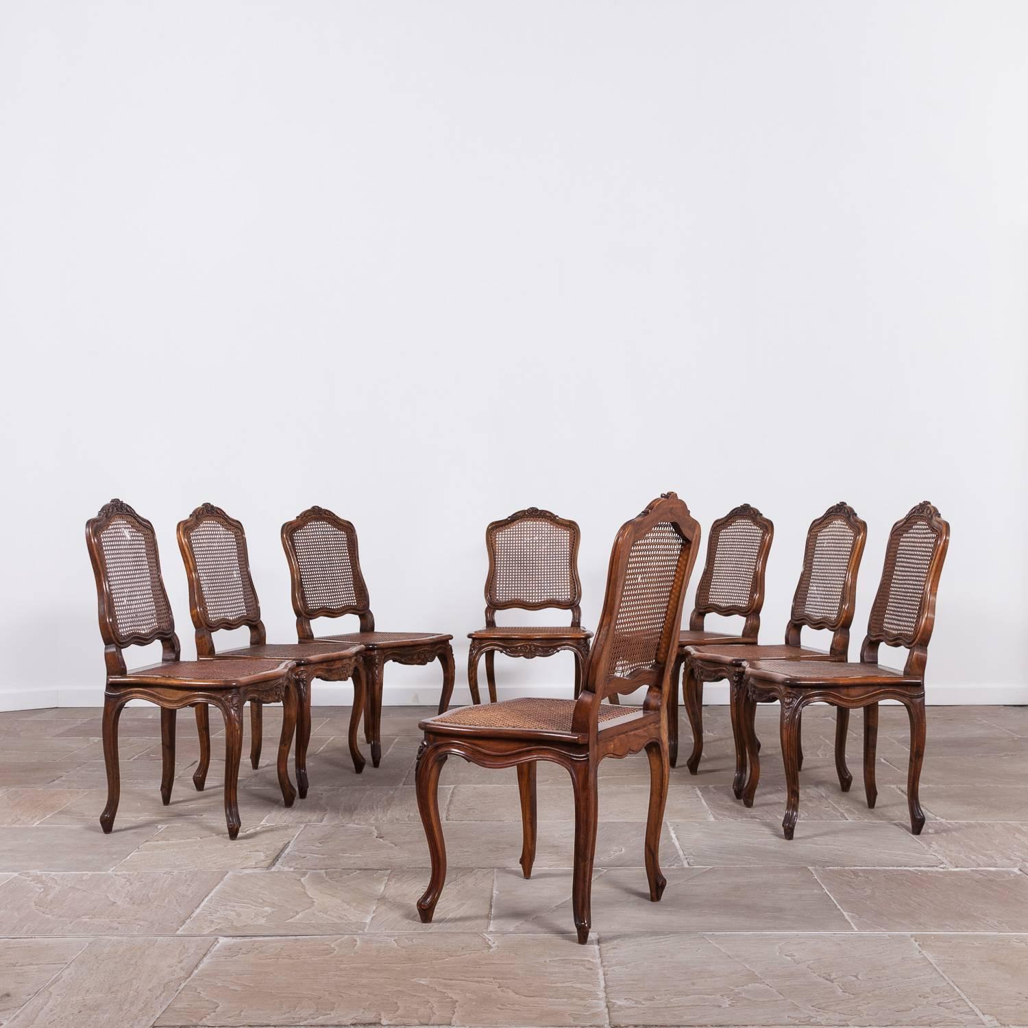 Fantastic set of eight early 20th century French fruitwood chairs. 

The chairs are all in good solid useable condition, there is a couple of small breaks in the cane work and some old woodworm which has been extensively treated. They come with a