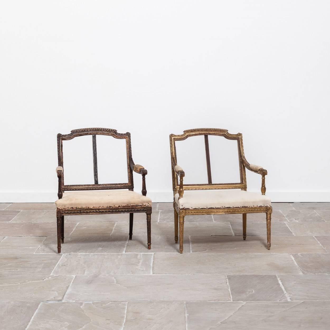 19th century decorative and charming small giltwood lady's bedroom chair along with another very similar chair.

They are very similar but not identical, the biggest difference between the chairs is that one is gilded whilst the other