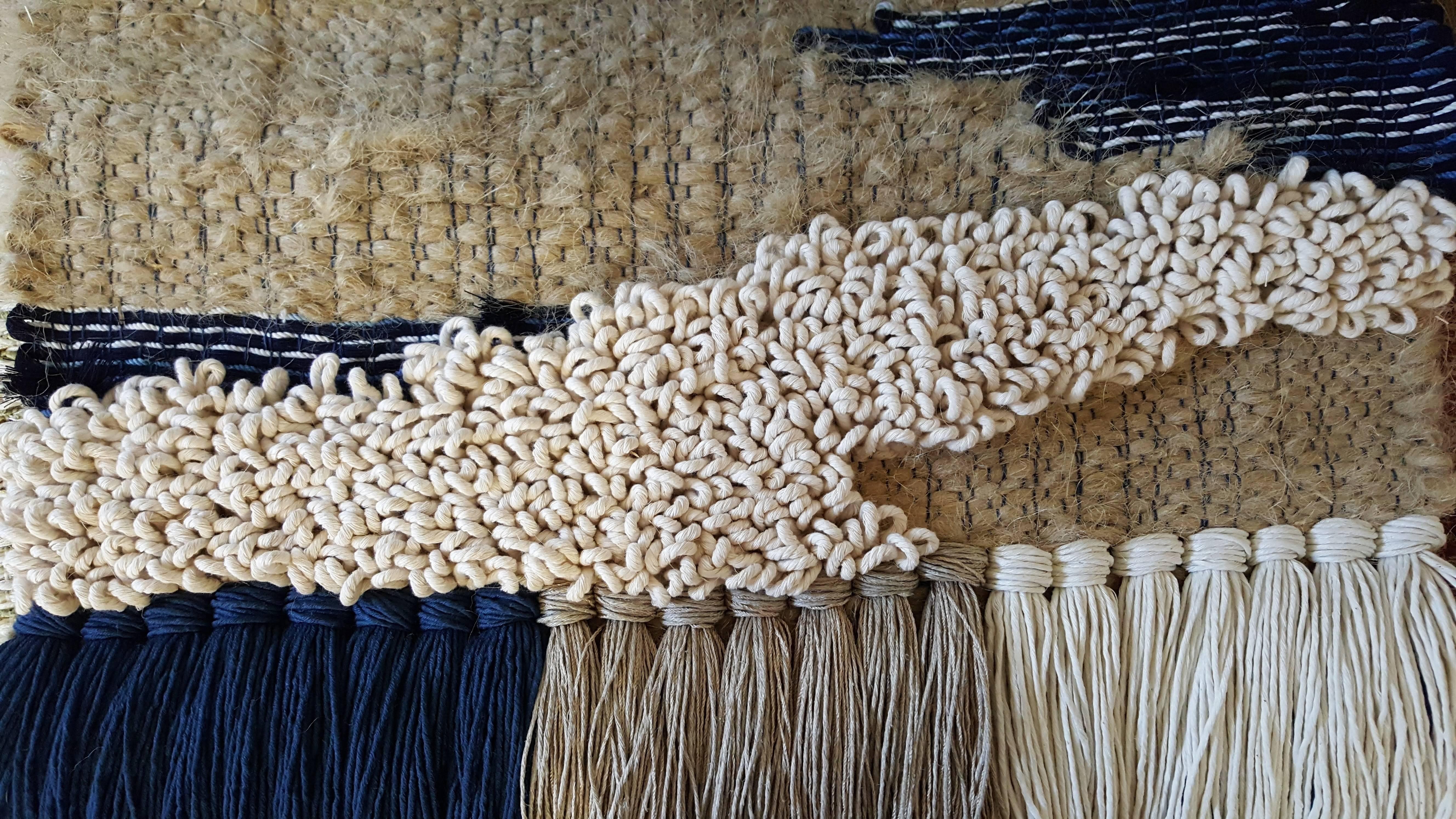 American Fiber Art Weaving Neutral and Indigo by All Roads For Sale