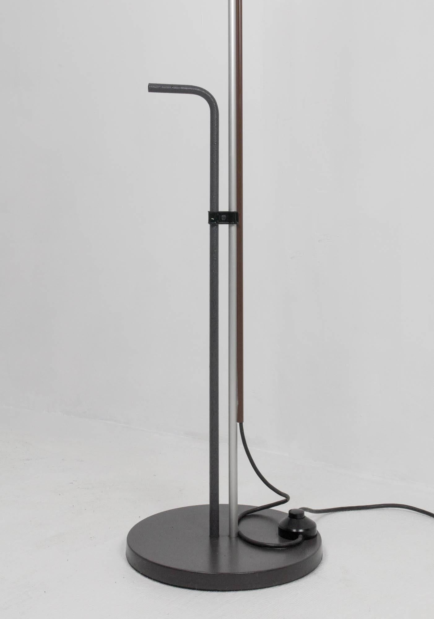 Aggregato floor lamp by Enzo Mari and Giancarlo Fassina for Artemide in anodized aluminium and enameled steel with bent rod handle and foot switch.