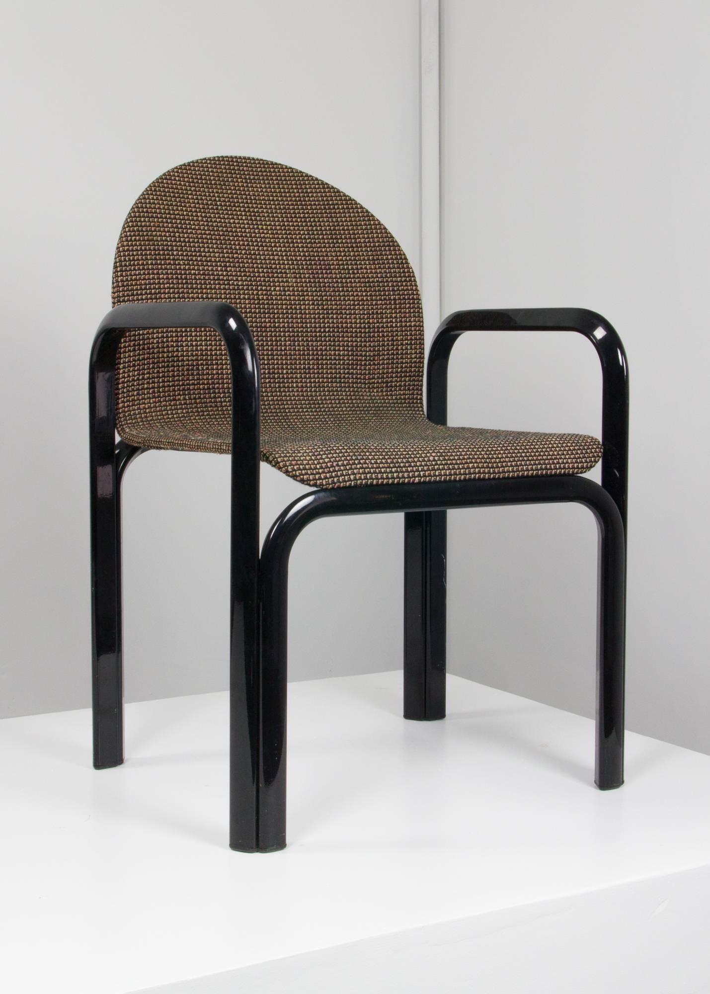 Set of 54A chairs by Gae Aulenti for Knoll with black lacquered steel frames and sinuous bent plywood seats in original fabric upholstery.