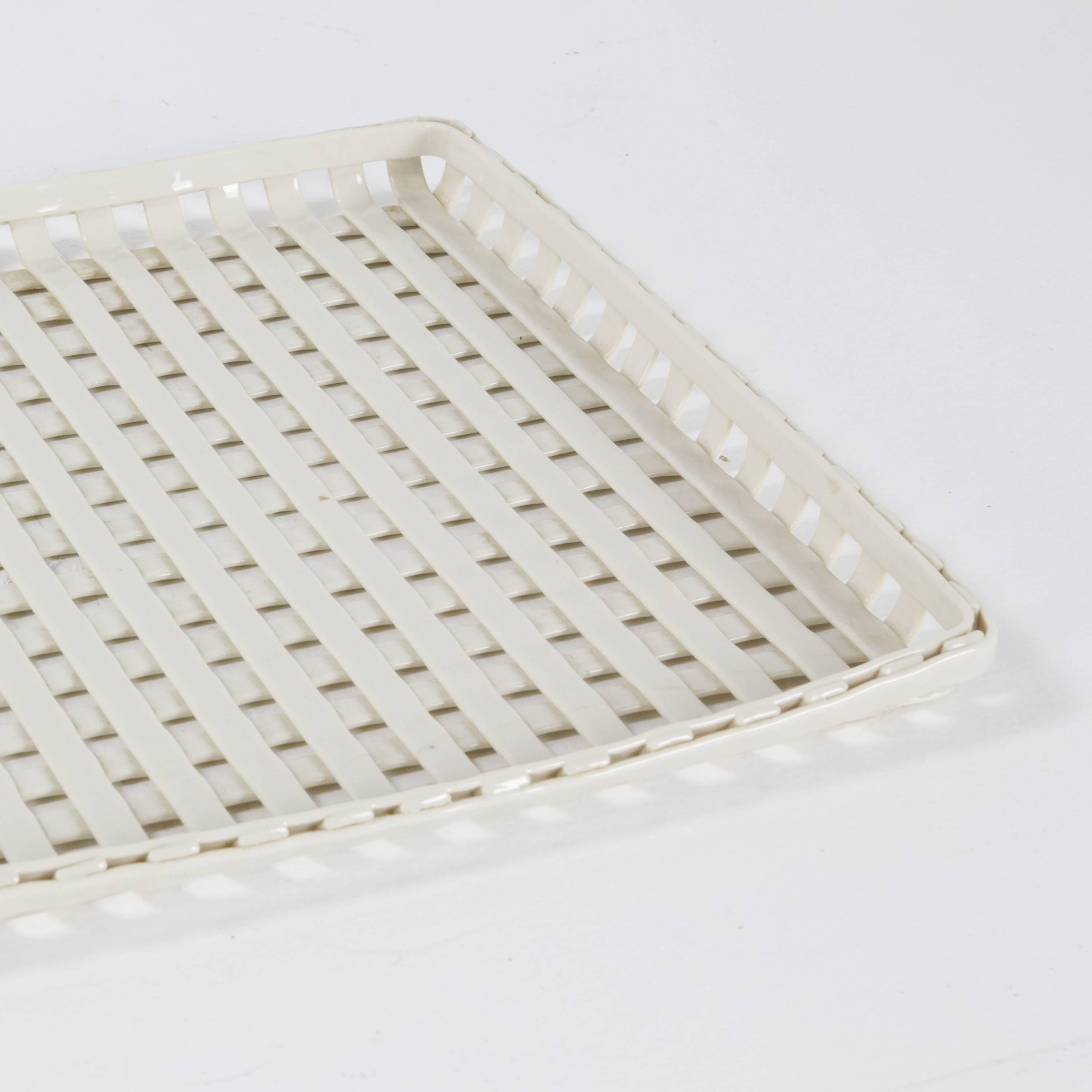 Rare hand built woven porcelain slab tray by Enzo Mari for Danese. Signed and dated on underside.