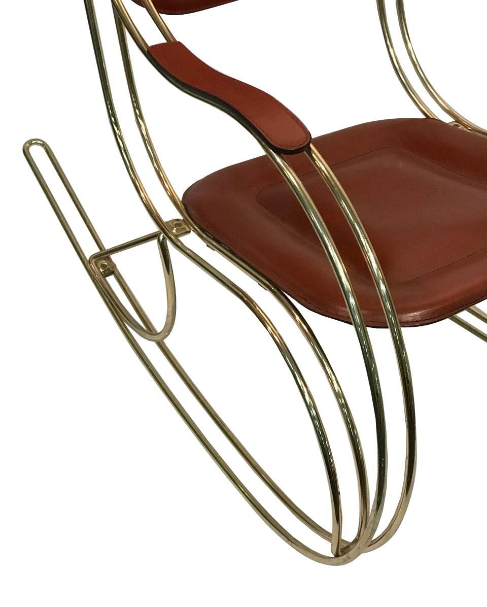 Polished Italian Brass Rocker and Leather For Sale