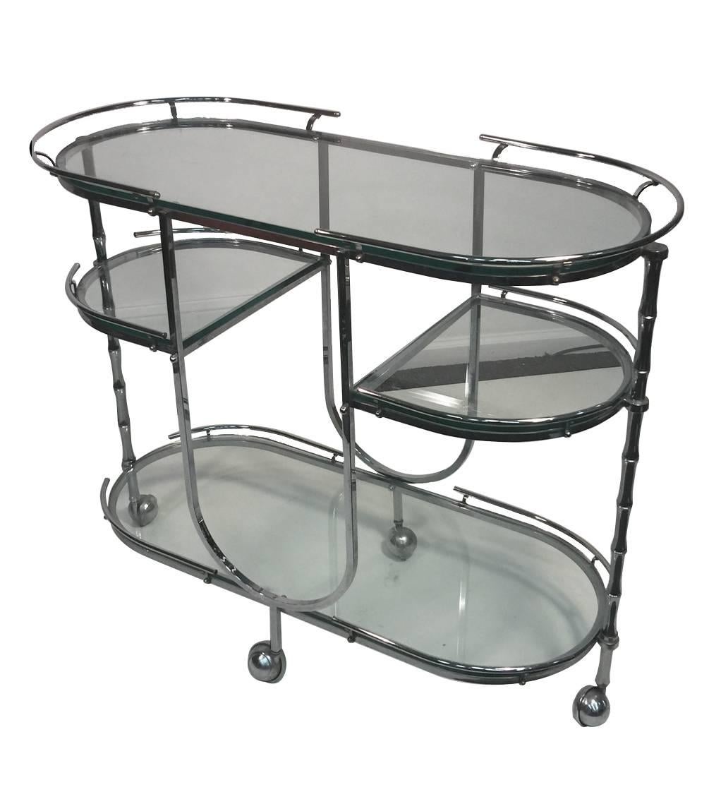 Stunning Substantial and Solid Nickeled Bronze Bamboo Form Triple Tier Bar Cart with Clear Glass Shelving. Designed By Maison Jansen in The 1970's.Heavy and Extremely Well Constructed in Form and Function.
