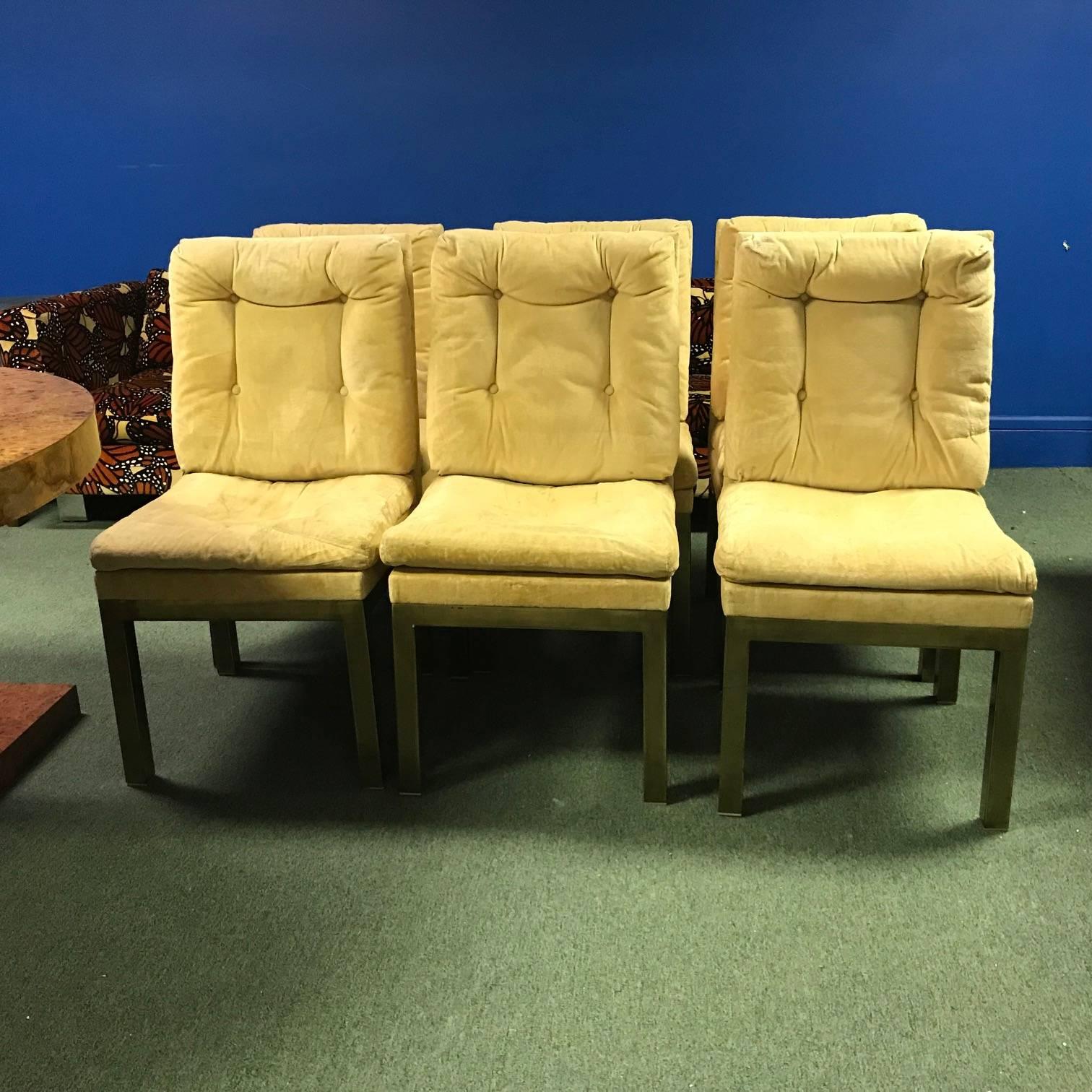 Milo Baughman set of six dining chairs with brass Plated Legs and seat with Original Ivory Velveteen Button Tufted Upholstery.