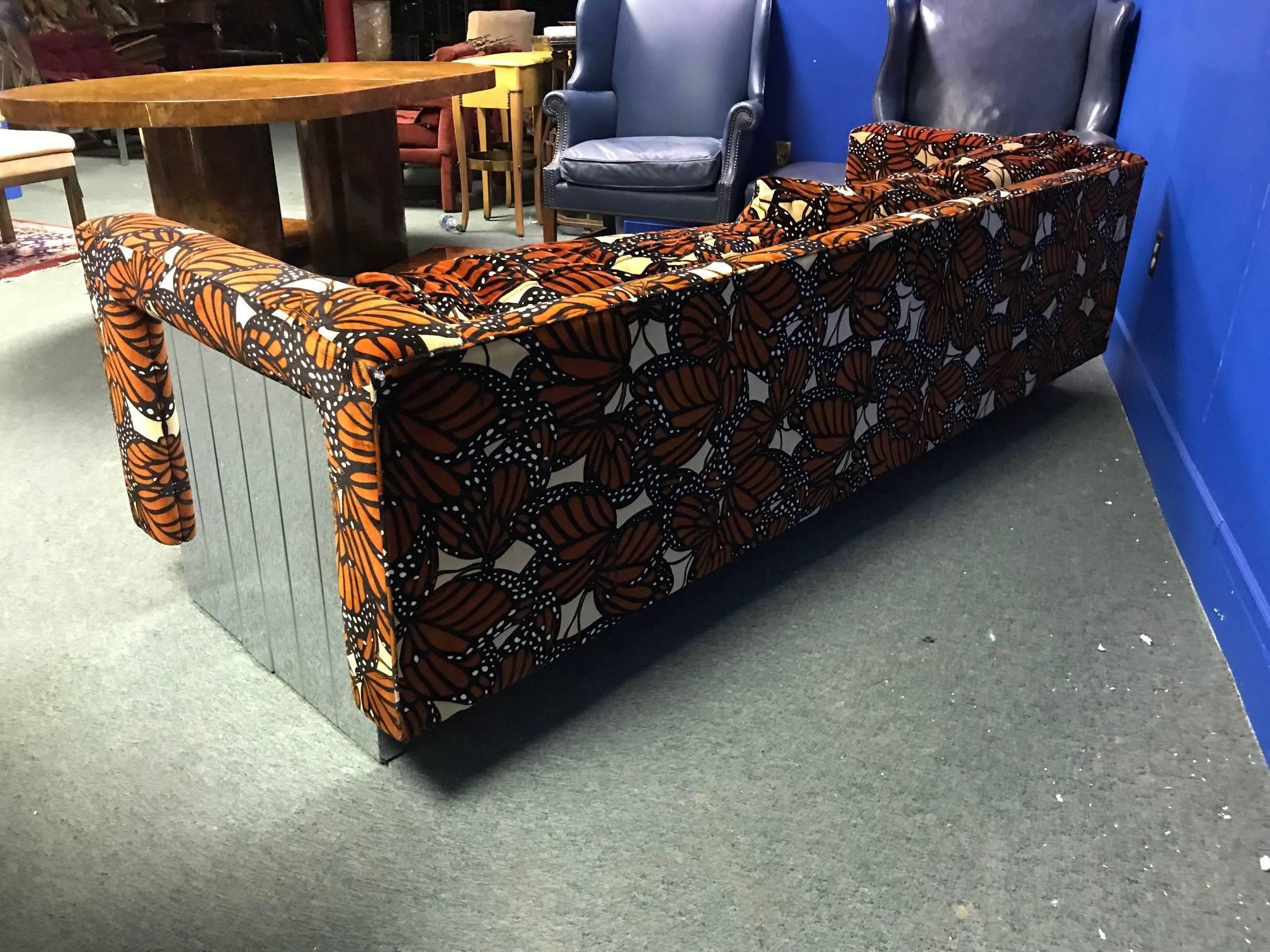 Late 20th Century Cityscape Style Sofa With Jack Lenor Larsen Fabric in The Style of Paul Evans For Sale