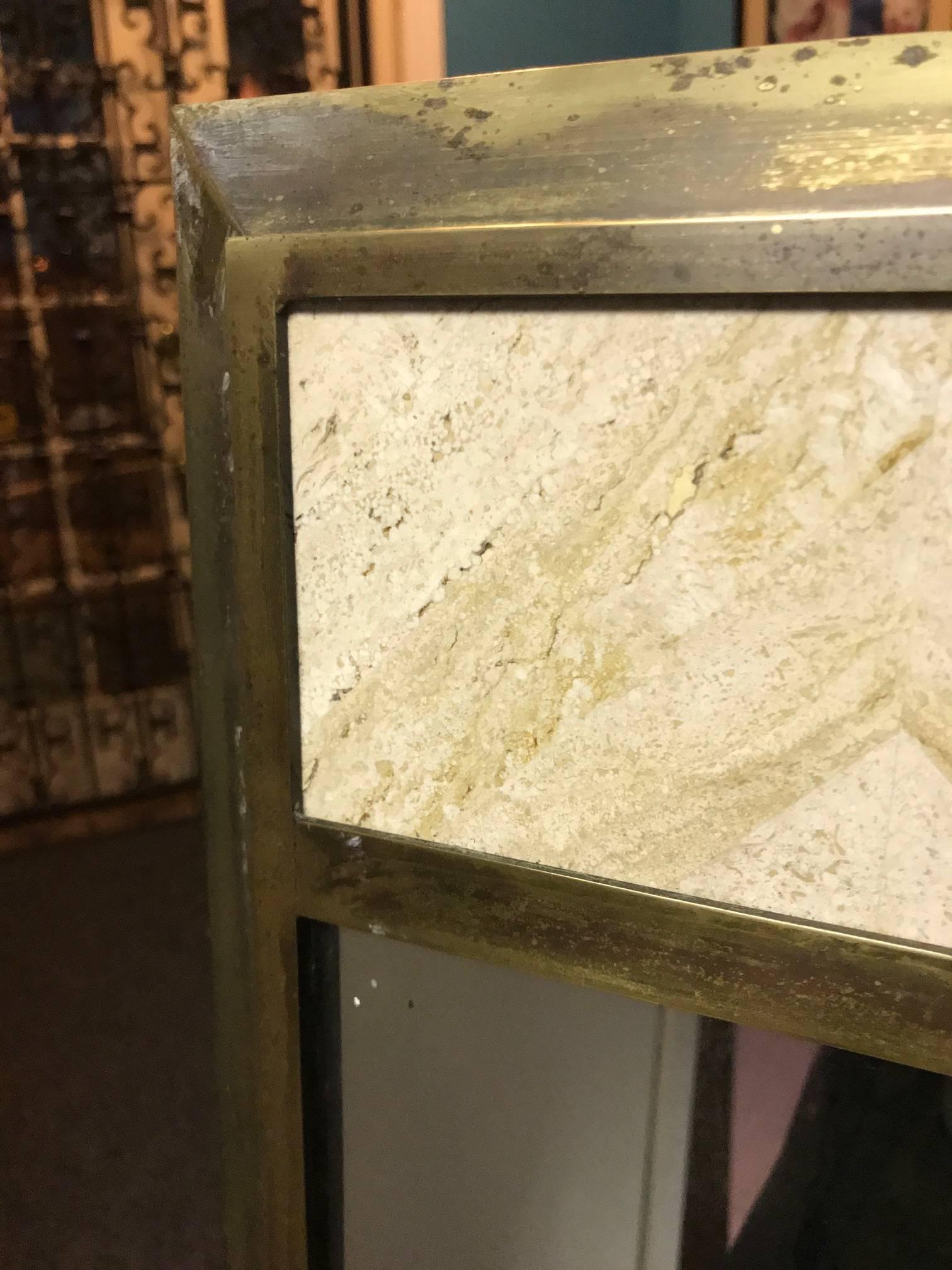 Pair of Bronze and Travertine Mirrors Monumental In Excellent Condition For Sale In Allentown, PA