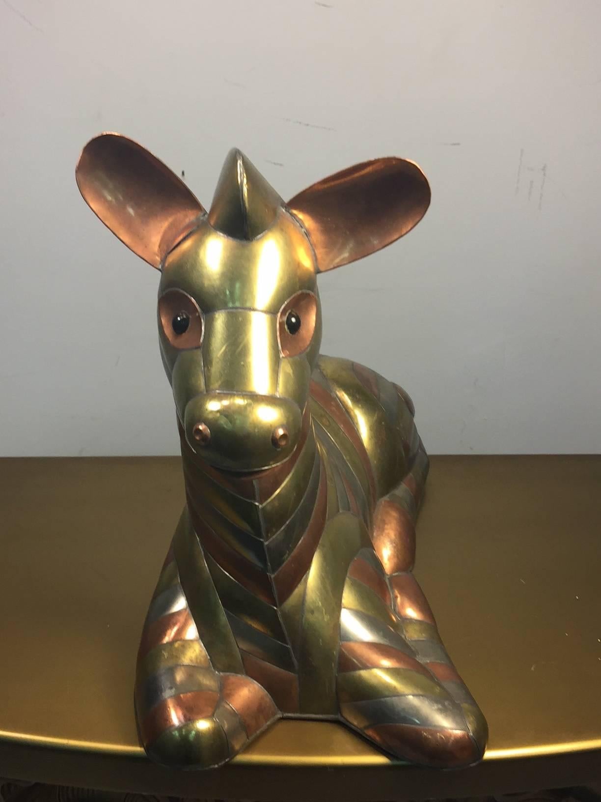 Sergio Bustamante Copper, Brass And Chrome Zebra In Excellent Condition In Allentown, PA