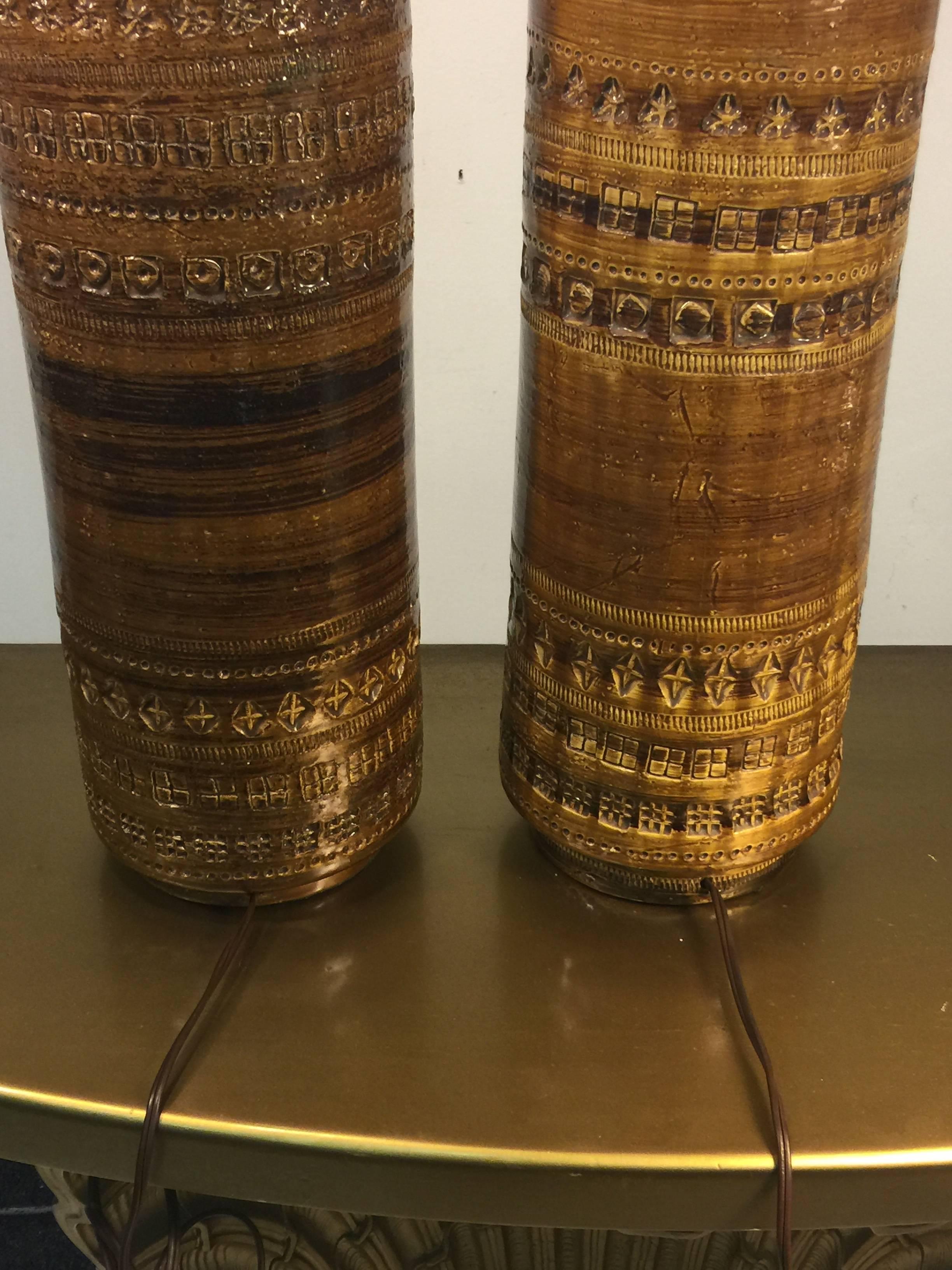 Carved Bitossi Pottery Lamps Incised Decoration by Aldo Londi, Pair For Sale