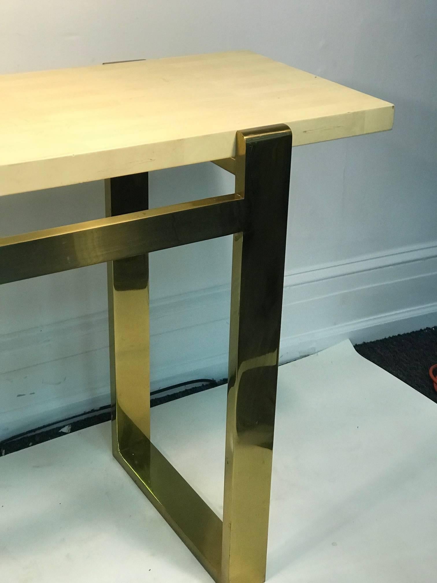 American Console Table Brass with Faux Goatskin Top For Sale
