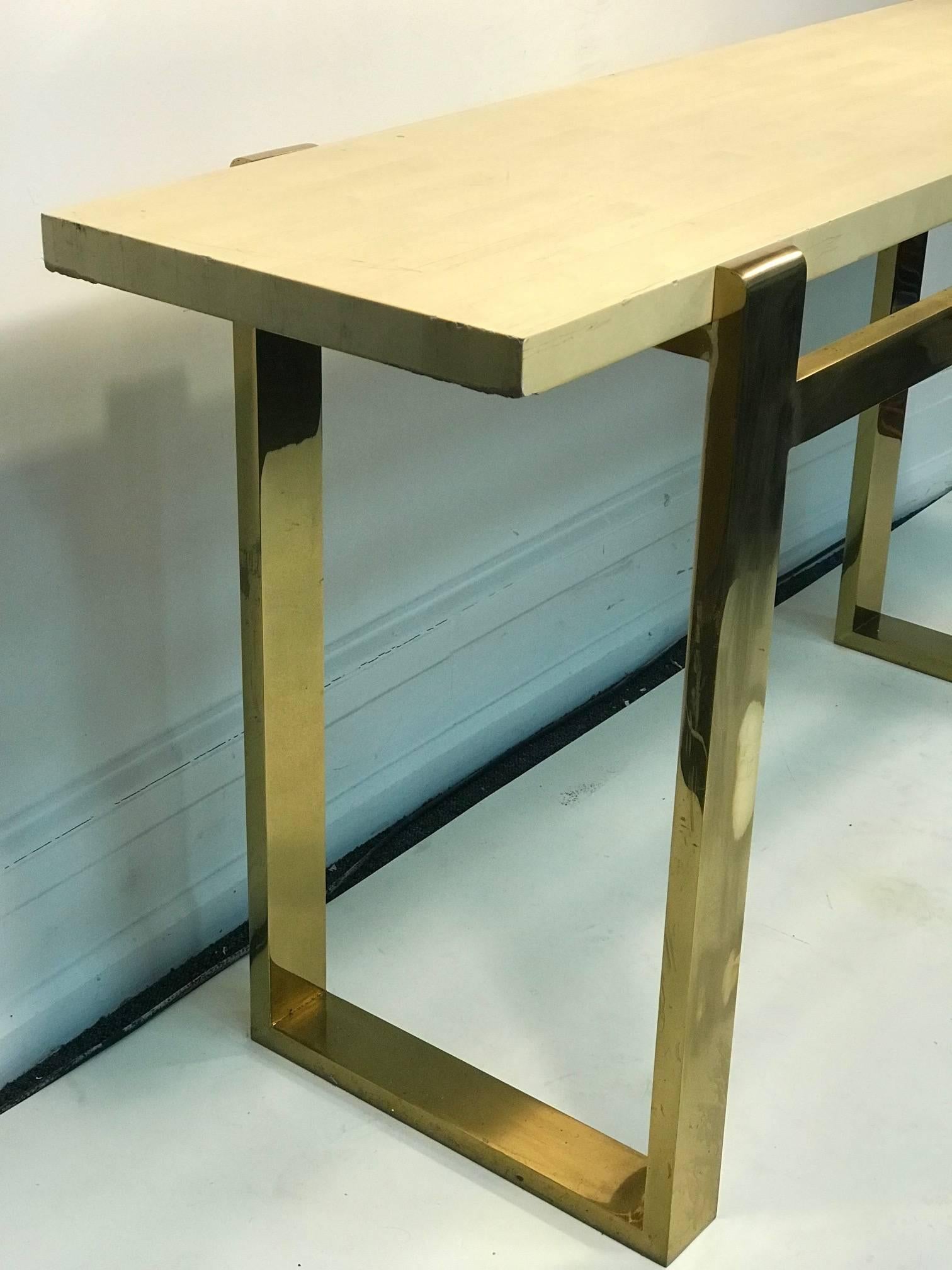 Anodized Console Table Brass with Faux Goatskin Top For Sale