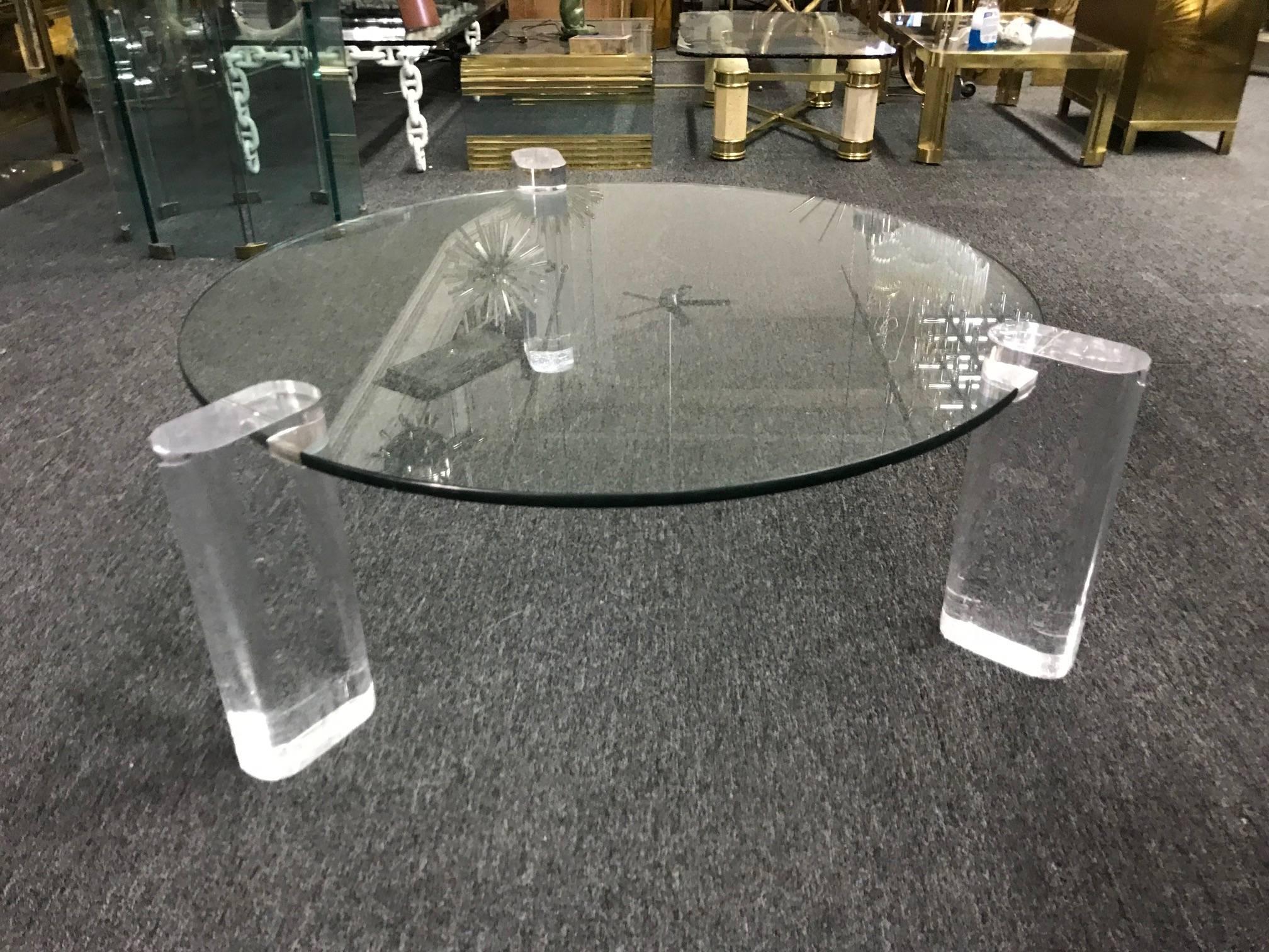Lucite And Glass Coffee Table Round  In The Manner Of Karl Springer